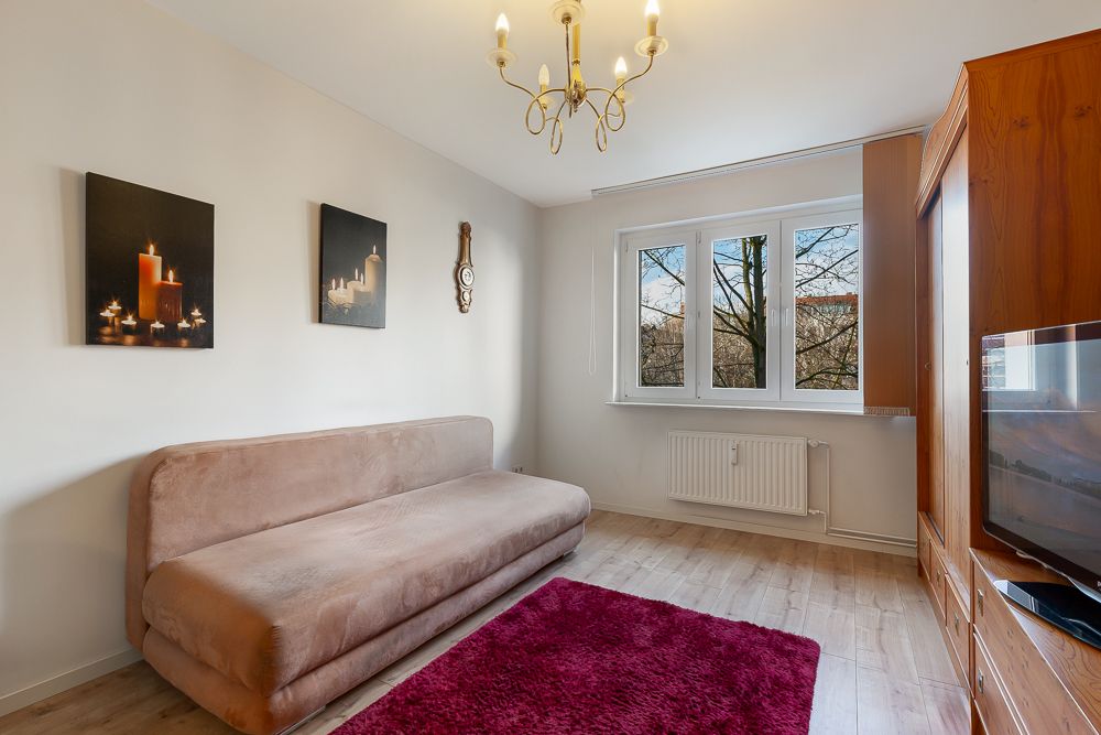 Wohnzimmer mit braunem Sofa, rotem Teppich, Fernseher und Fenstern, helle Holzböden.