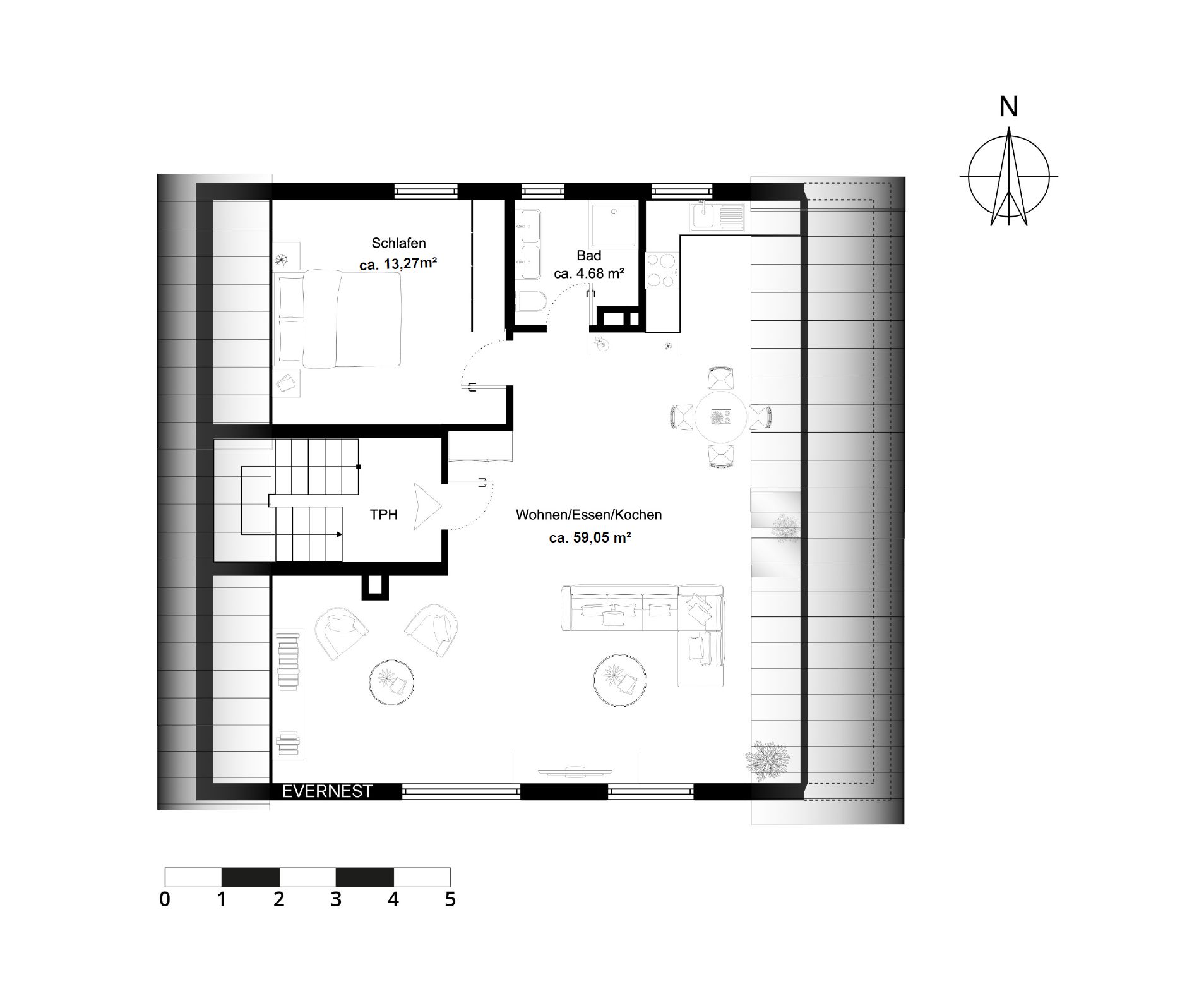 Grundriss mit Schlafzimmer, Bad und offenem Wohn-, Ess- und Küchenbereich.
