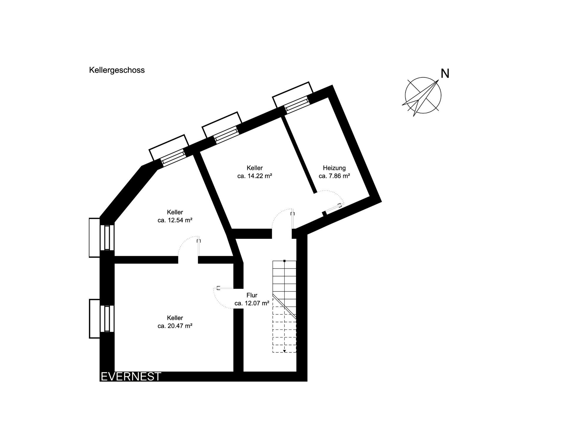 Grundriss eines Kellers mit mehreren Räumen und Treppenhaus, Flächenangaben in Quadratmetern.