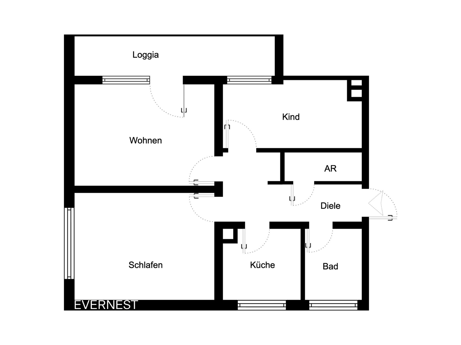 Grundriss einer Wohnung mit Zimmern: Wohnen, Schlafen, Kind, Küche, Bad, AR, Diele und Loggia.