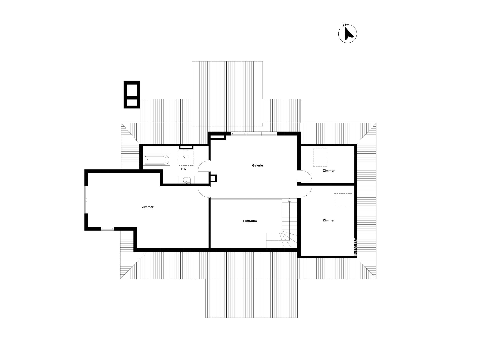 Grundriss mit drei Zimmern, Bad, Galerie und Treppe in einer Wohnimmobilie.