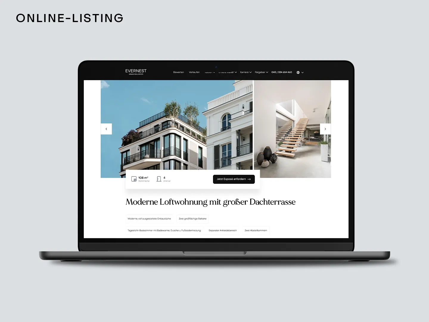 Laptop zeigt Online-Listing mit Bildern einer modernen Wohnung und einem Treppenhaus.