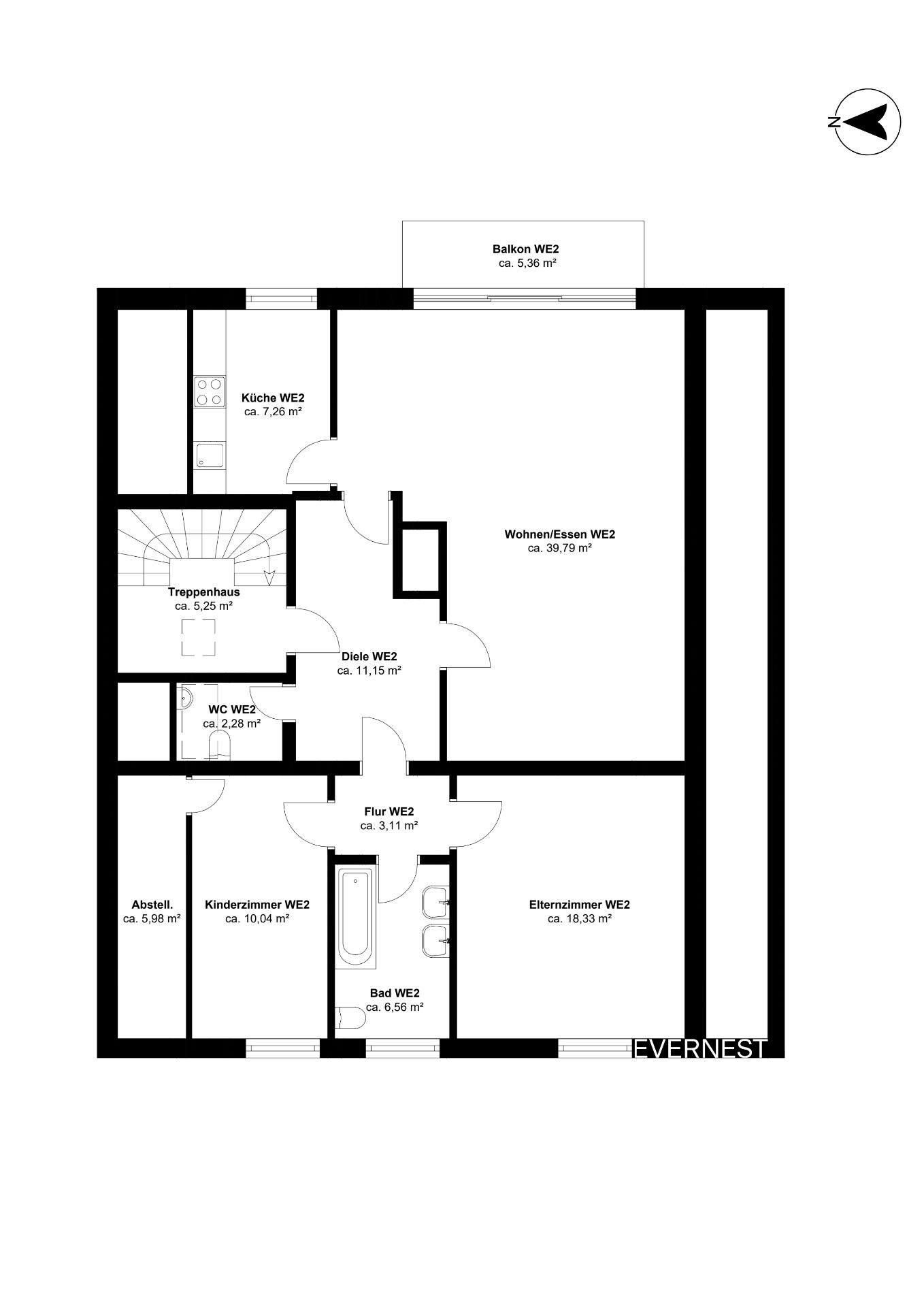 Grundriss einer Wohnung mit Wohnzimmer, Küche, Bad, WC, Kinderzimmer, Schlafzimmer und Balkon.