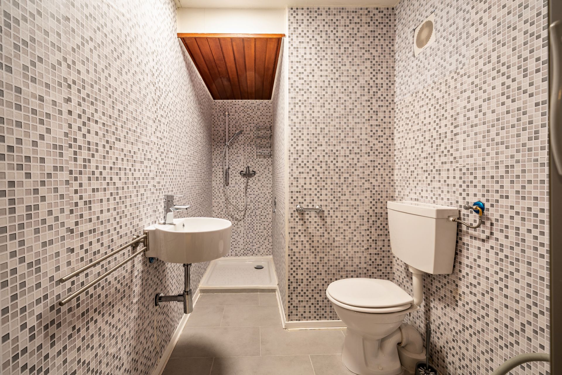 Modernes Badezimmer mit WC, Waschbecken und offener Dusche, Wände mit kleinen Mosaikfliesen.