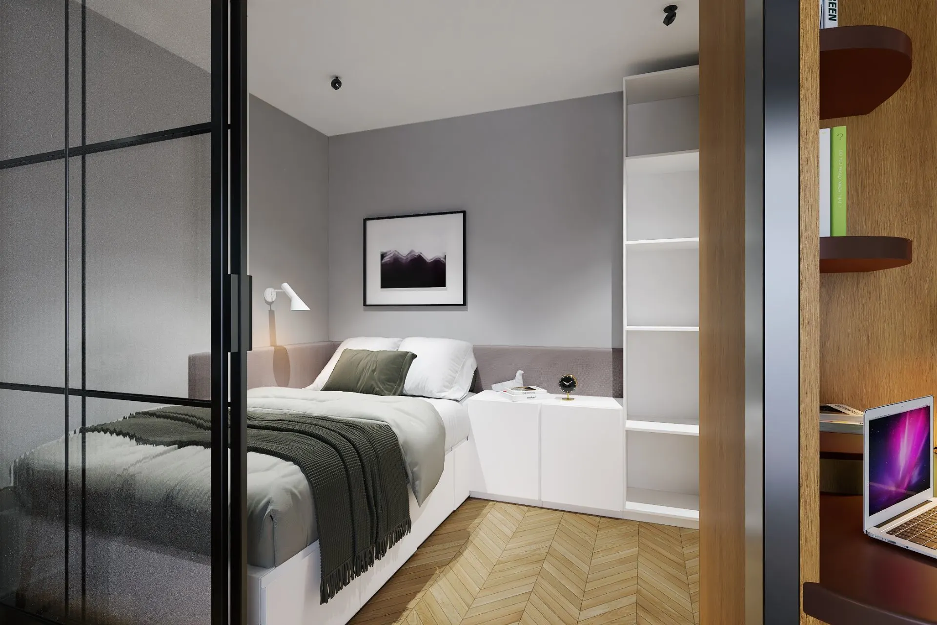 Modernes Schlafzimmer mit Bett, Nachttisch, Regal und Schreibtisch mit Laptop.