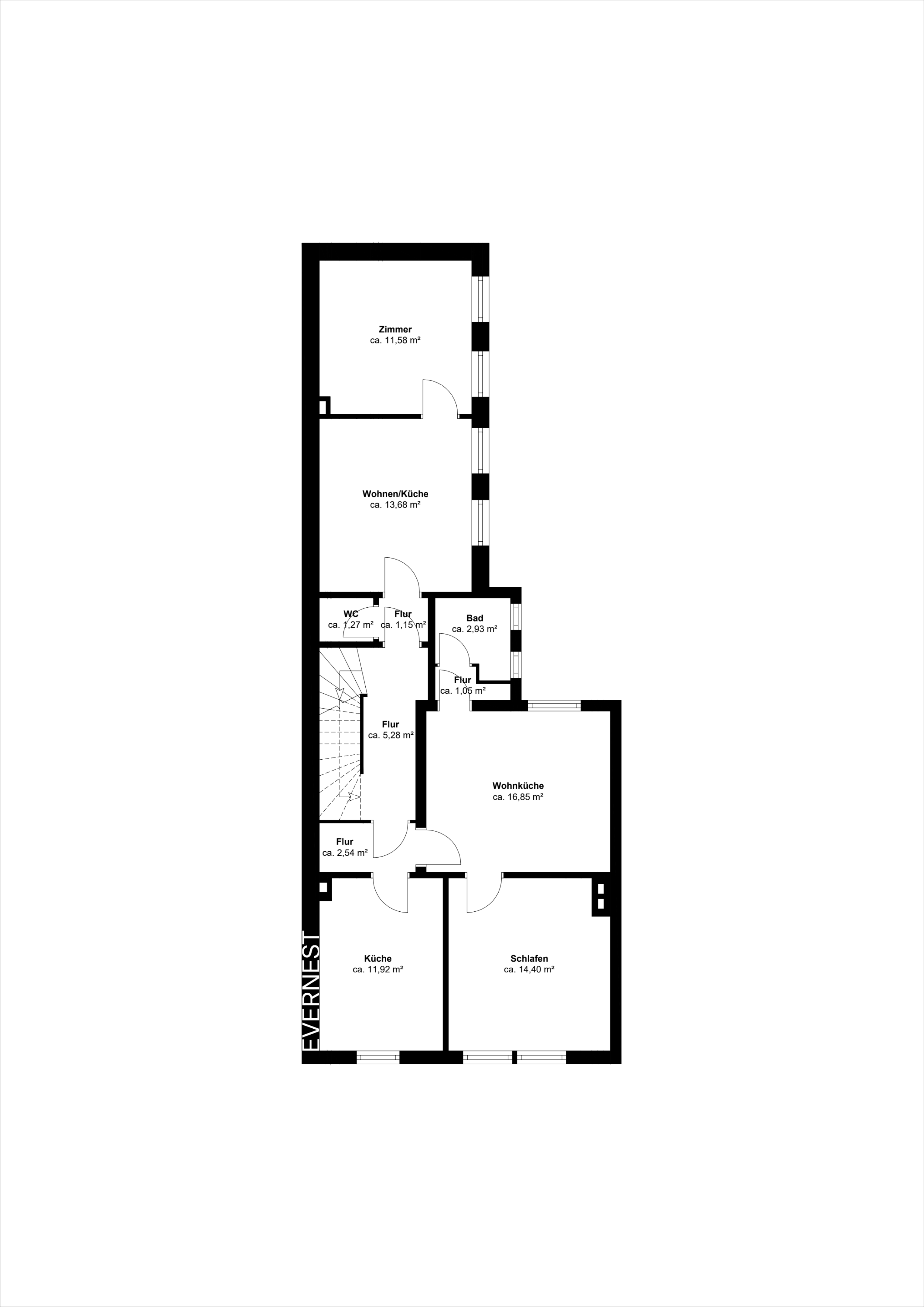 Grundriss einer Wohnung mit Zimmern, Wohnküche, Bad, WC, Flur und Küche.