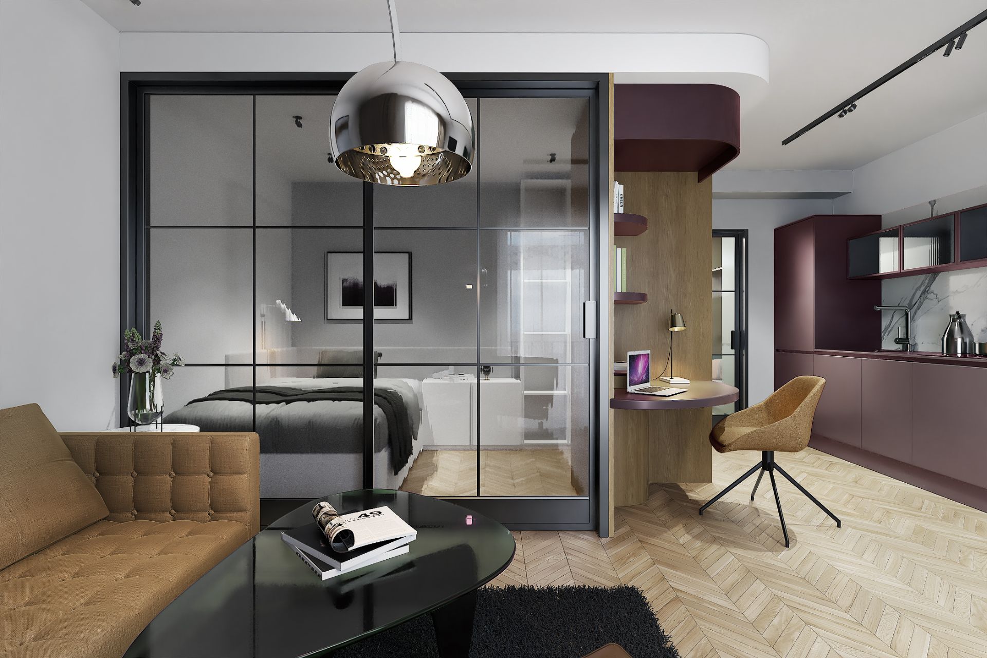 Modernes Apartment mit Wohnzimmer, Küche und Schlafzimmer hinter einer Glaswand.