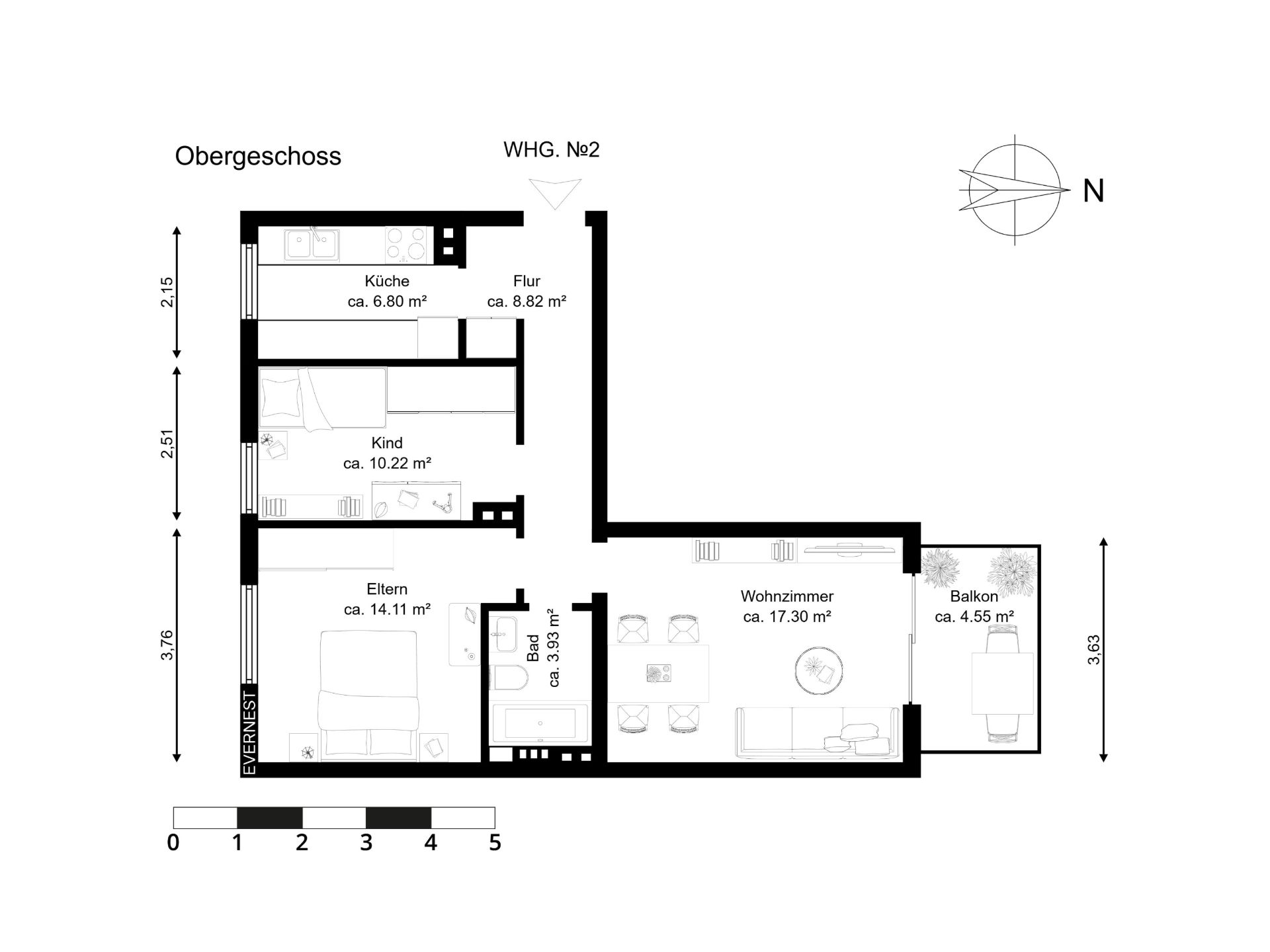 Grundriss einer Wohnung mit Wohnzimmer, Küche, zwei Schlafzimmern, Bad und Balkon.