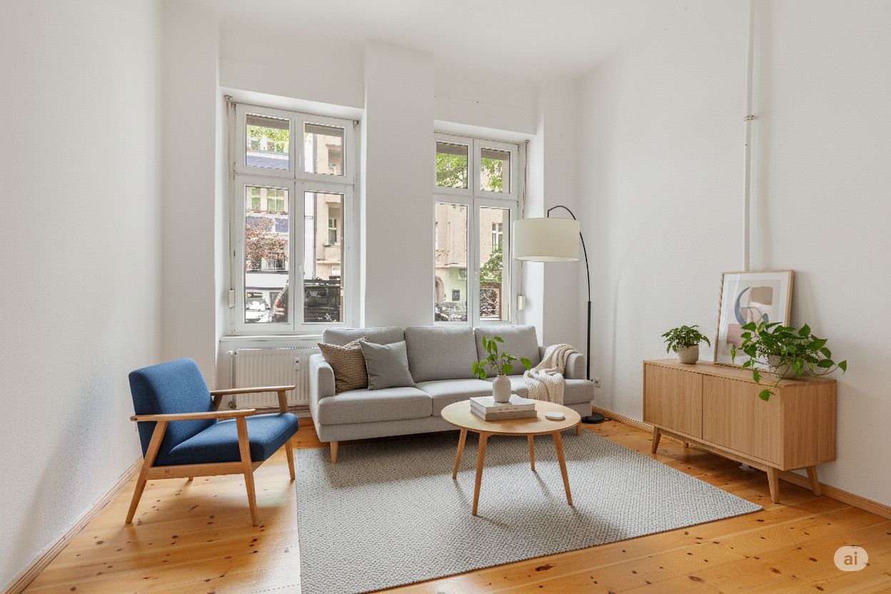 Helles Wohnzimmer mit Sofa, blauem Sessel, rundem Holztisch und Sideboard mit Pflanzen.