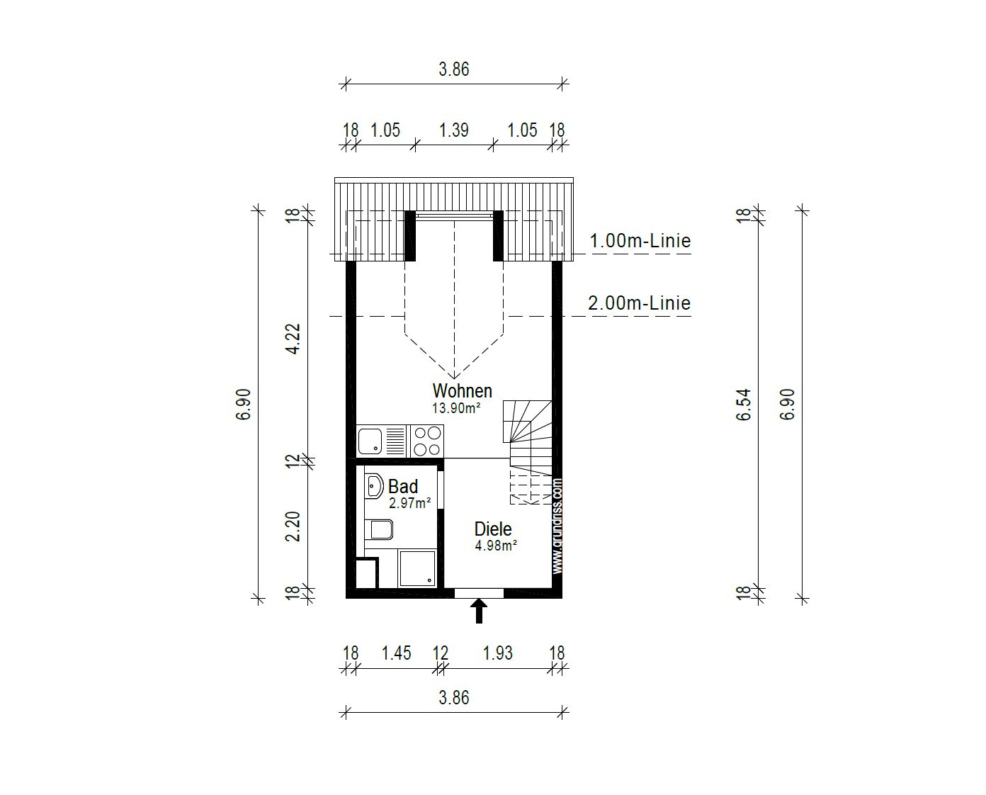 Grundriss einer Wohnung mit Wohnraum, Bad und Diele, inklusive Maßangaben.