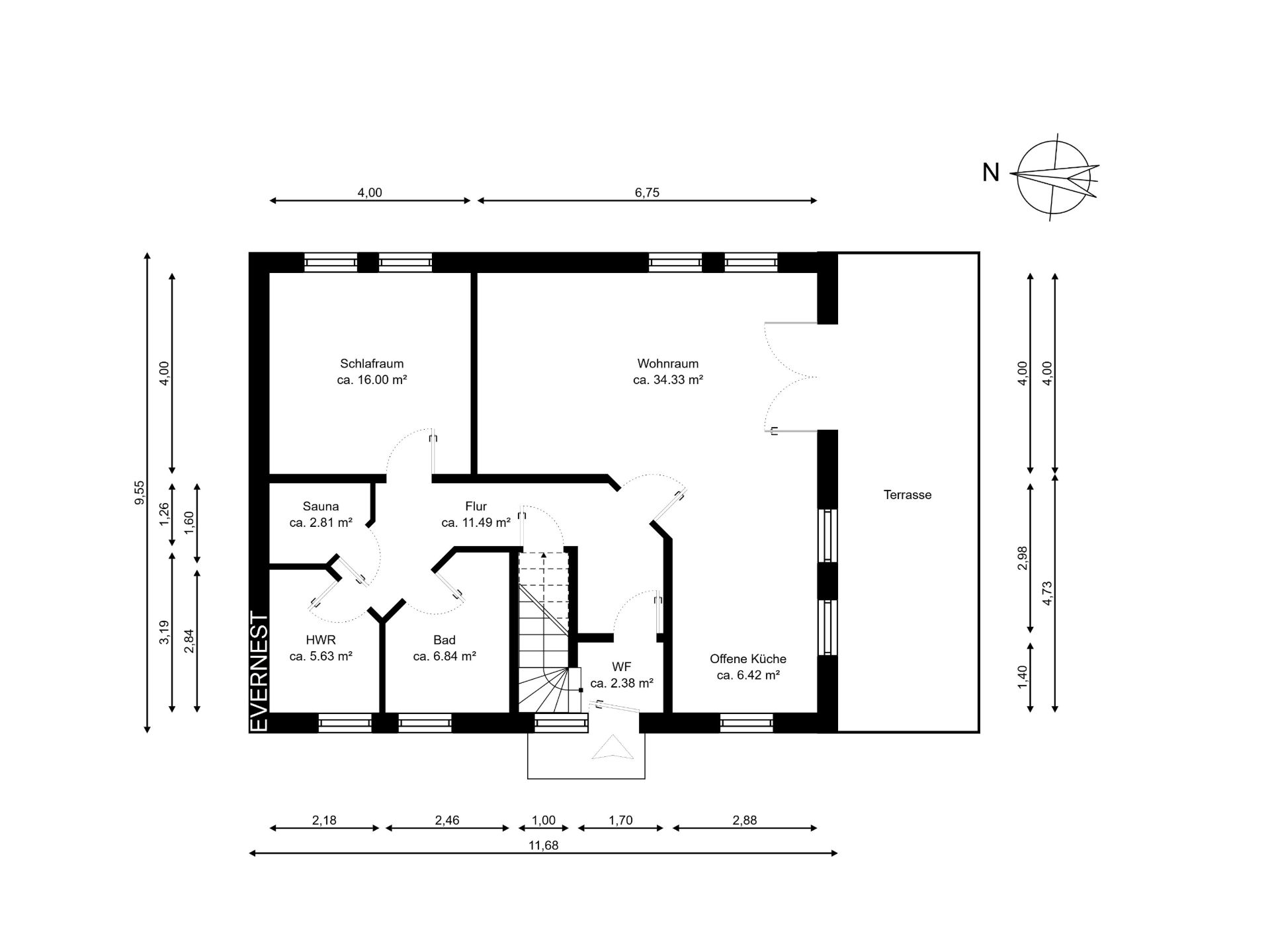 Grundriss mit Schlafzimmer, Wohnraum, offener Küche, Sauna, Bad, Flur und Terrasse.