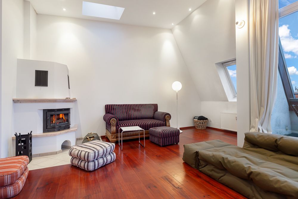 Wohnzimmer mit Kamin, Sofa, Sitzkissen und Oberlicht, Holzboden und schrägem Fenster.