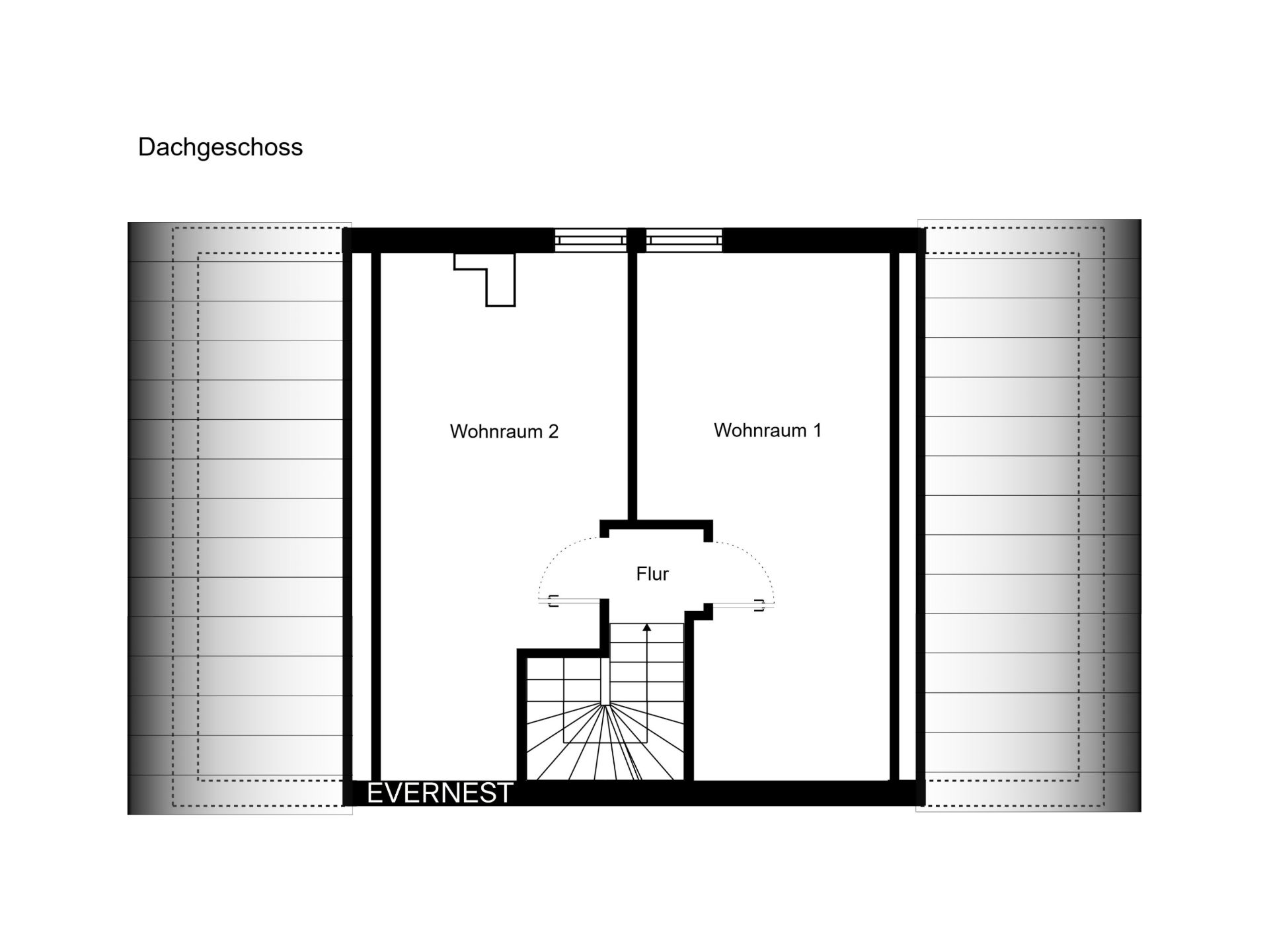 Grundriss des Dachgeschosses mit zwei Wohnräumen und einem Flur sowie einer Treppe.