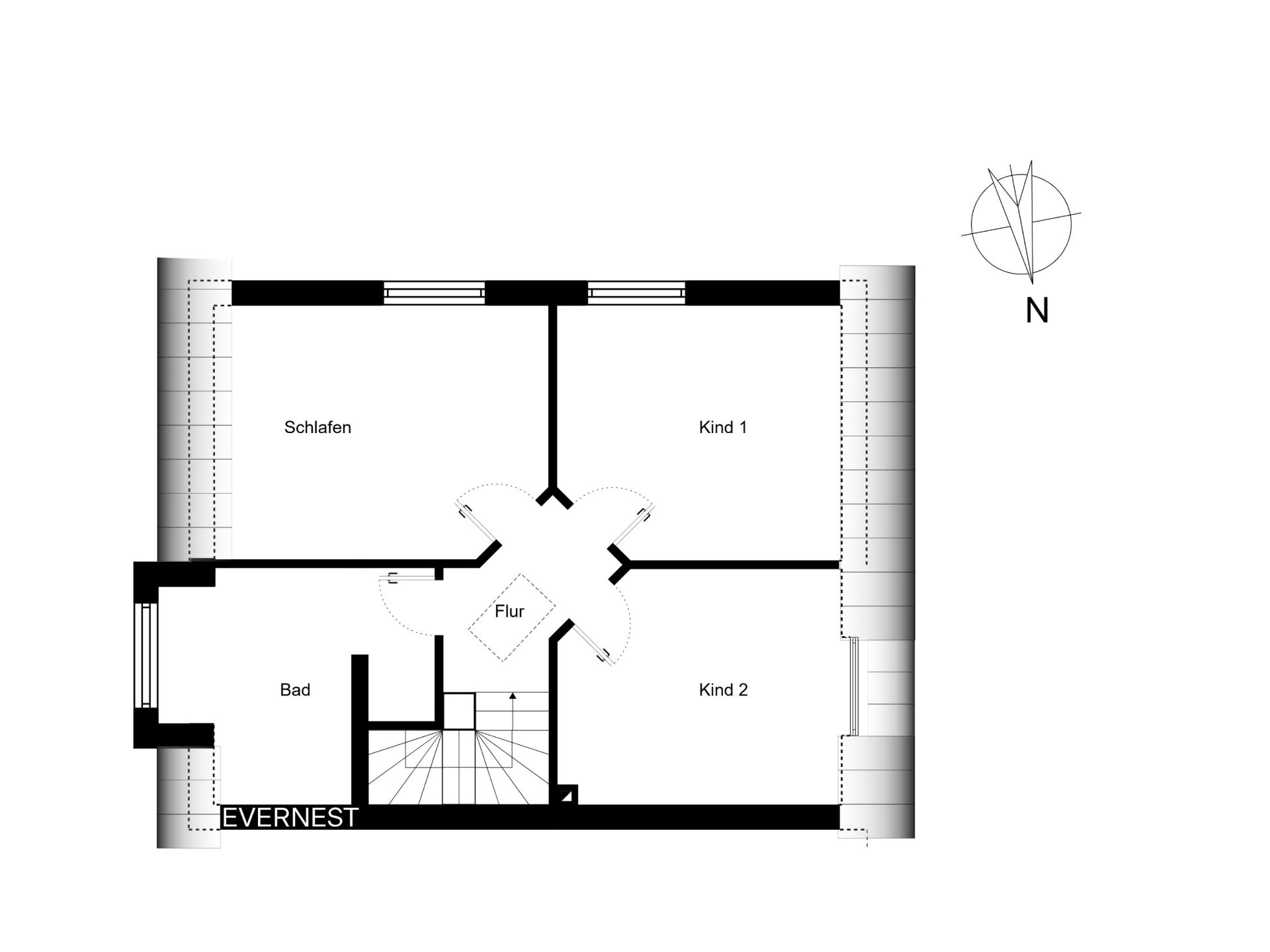 Grundriss mit Schlafzimmer, zwei Kinderzimmern, Bad und Flur.