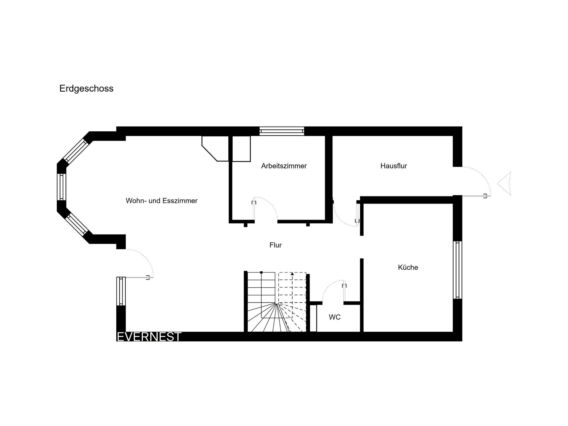 Grundriss des Erdgeschosses mit Wohn- und Esszimmer, Arbeitszimmer, Küche, Flur, Hausflur und WC.