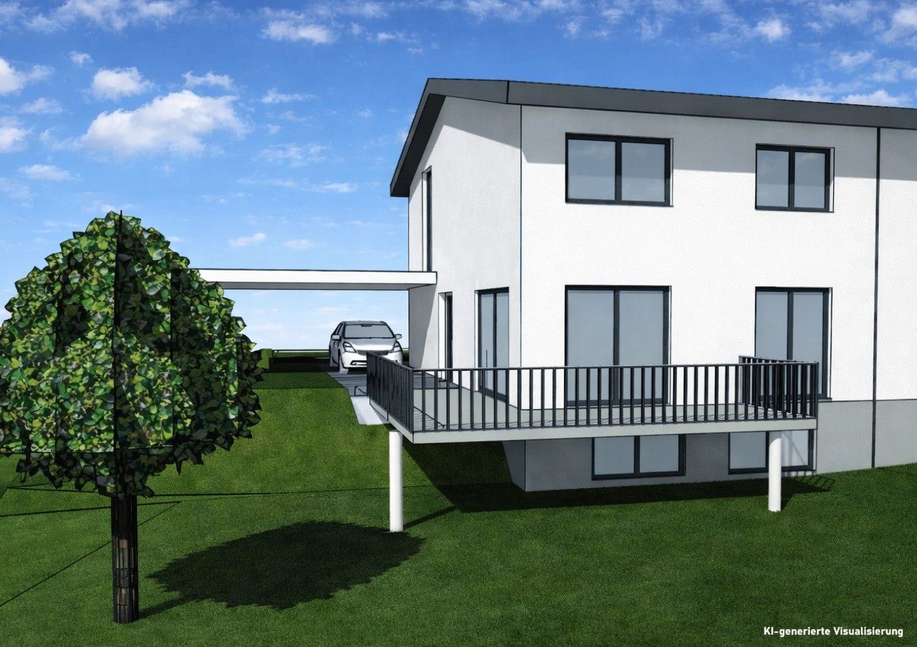Zweistöckiges weißes Haus mit Balkon, Carport und Baum im Garten auf grünem Rasen.
