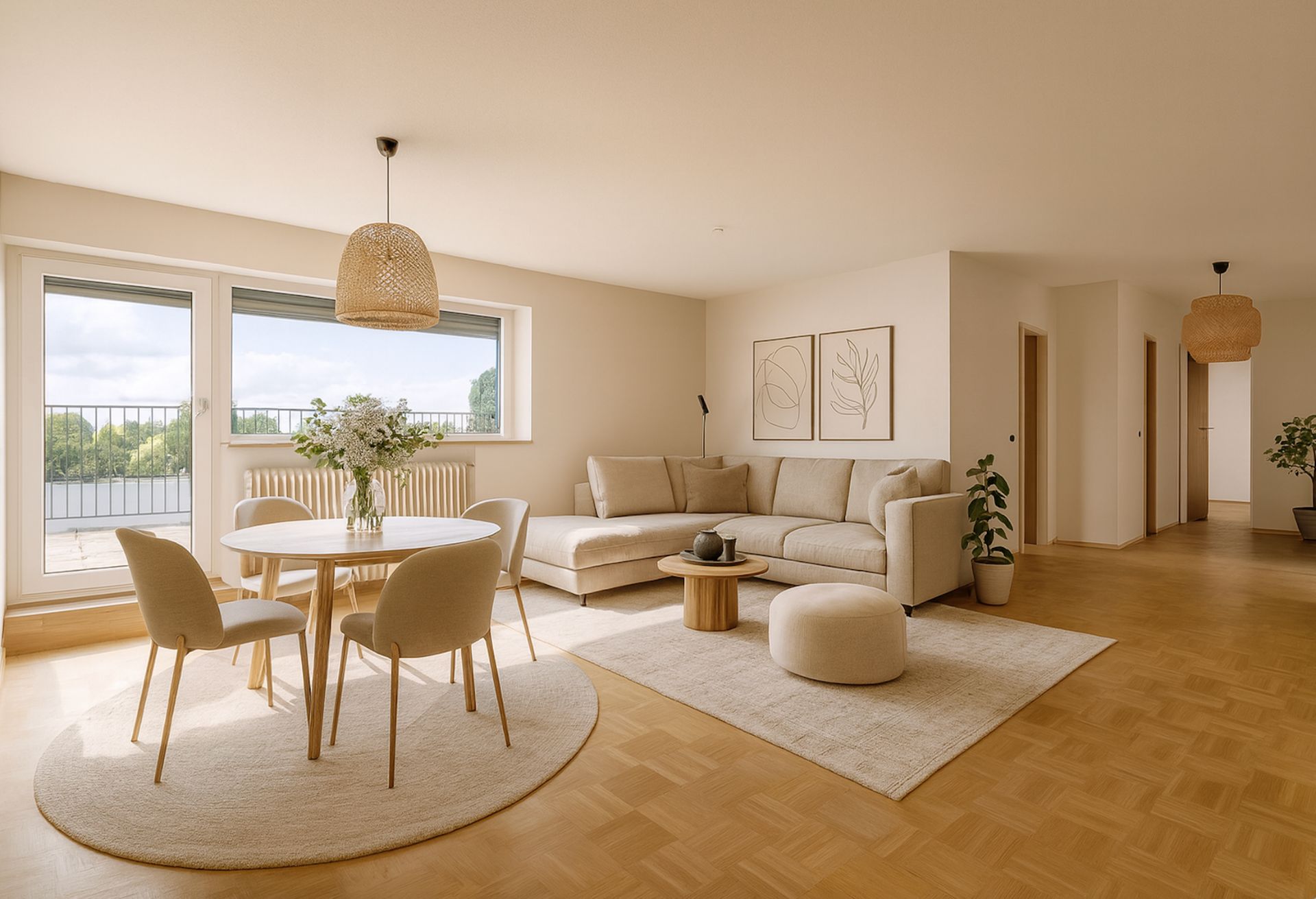 Helles Wohnzimmer mit Ecksofa, rundem Esstisch, vier Stühlen und großen Fenstern mit Blick nach draußen.