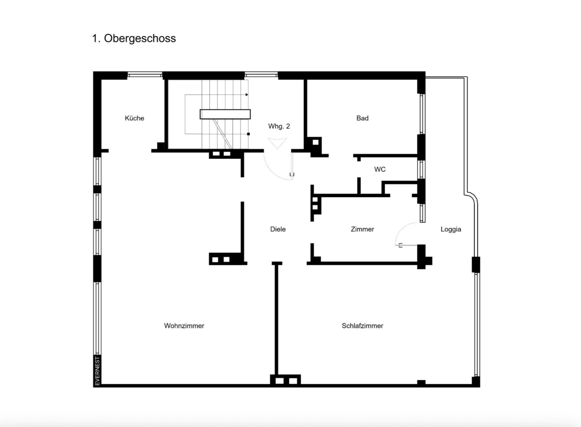 Grundriss einer Wohnung mit Küche, Wohnzimmer, Schlafzimmer, Bad, WC, Zimmer und Loggia.