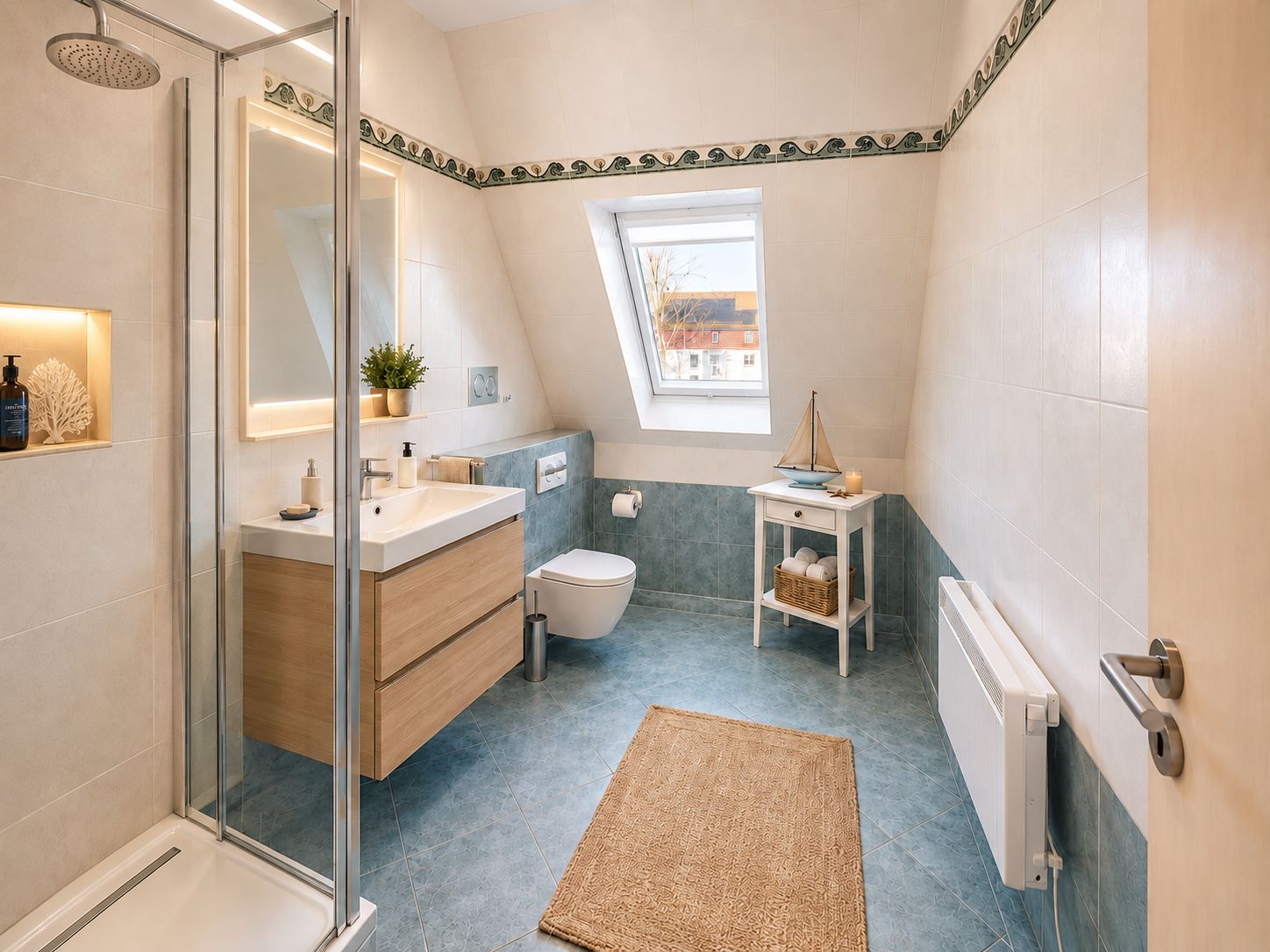 Modernes Badezimmer mit Dusche, Waschbecken, WC, Fenster und kleiner Deko auf einem Tisch.