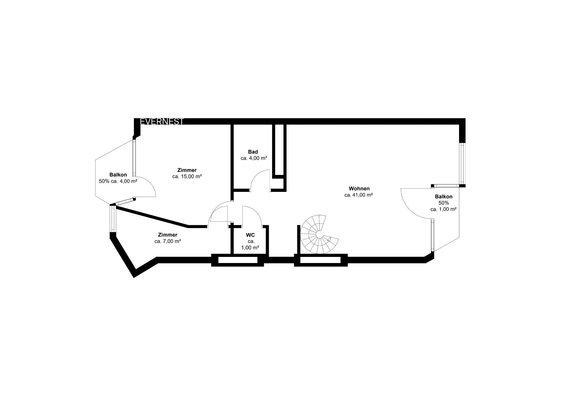 Grundriss mit zwei Zimmern, Bad, WC, Wohnzimmer, zwei Balkonen und Wendeltreppe.