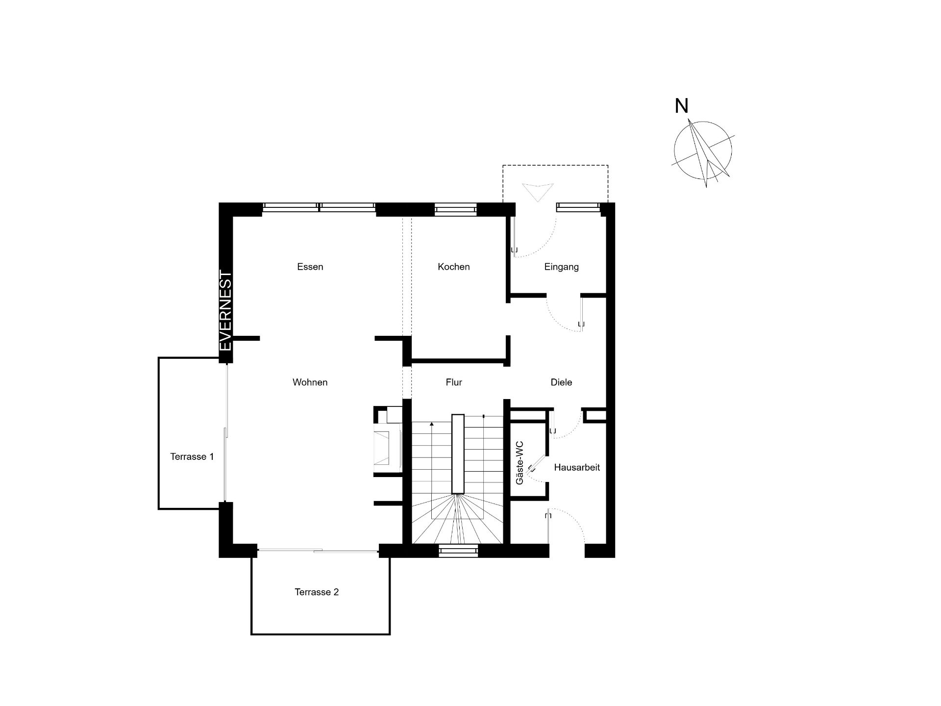 Grundriss eines Hauses mit Wohn-, Ess- und Kochbereich sowie zwei Terrassen.