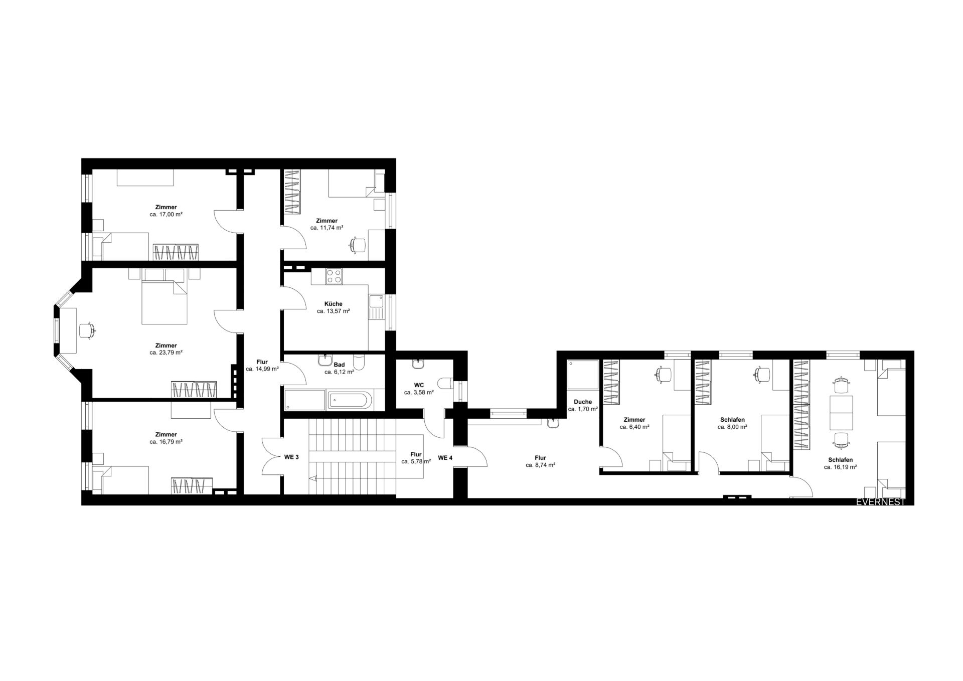 Grundriss einer Wohnung mit mehreren Zimmern, Küche, WC und Flur.