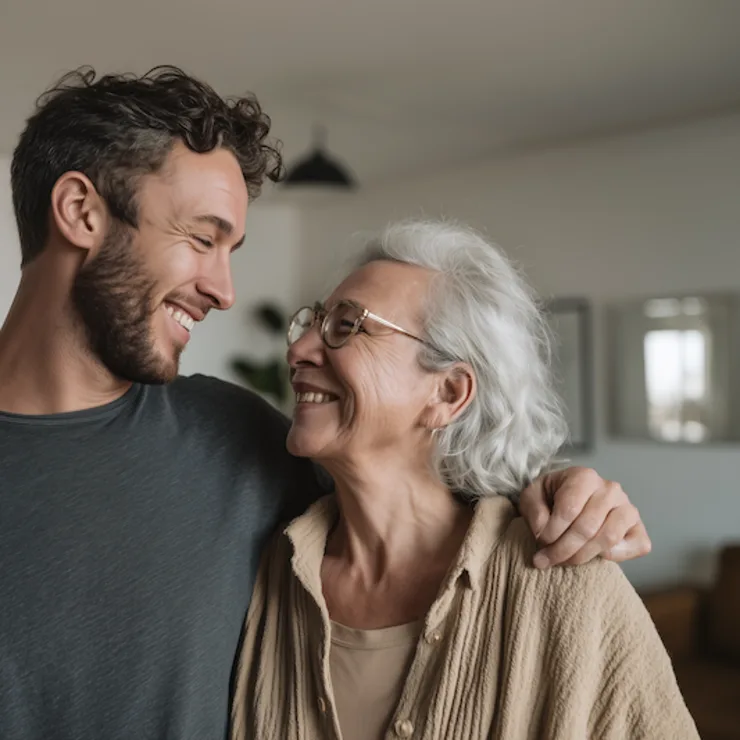 Ein jüngerer Mann und eine ältere Frau lächeln einander in einem Wohnzimmer an.