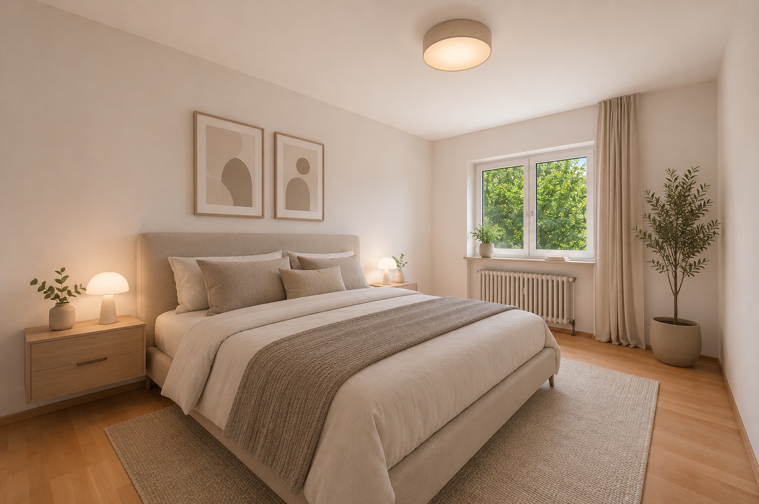 Helles Schlafzimmer mit Doppelbett, zwei Nachttischen, Bildern an der Wand und großem Fenster.