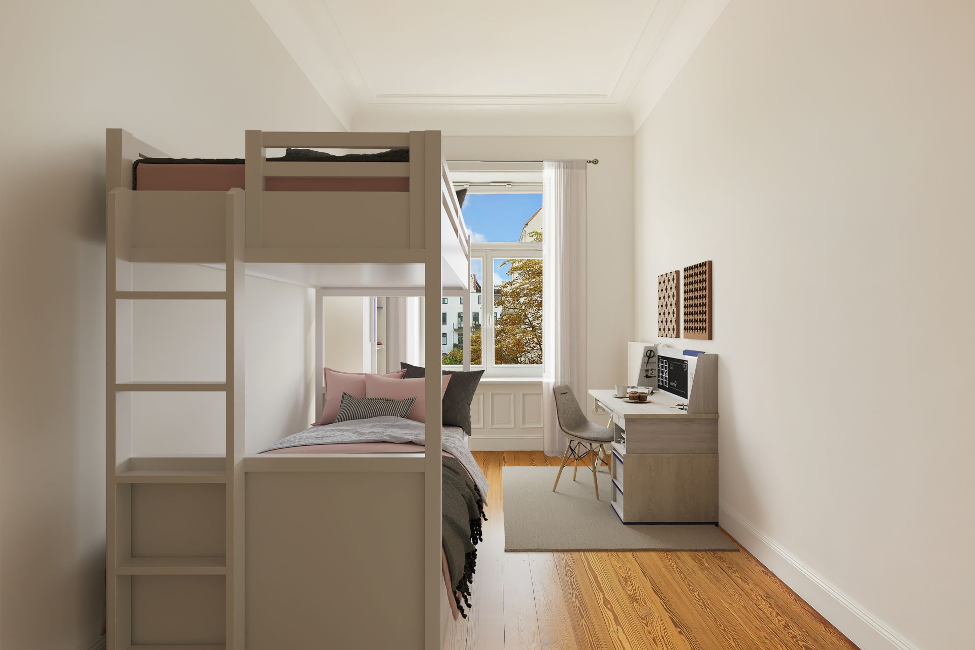Helles Schlafzimmer mit Etagenbett, Schreibtisch und Fenster mit Blick nach draußen.