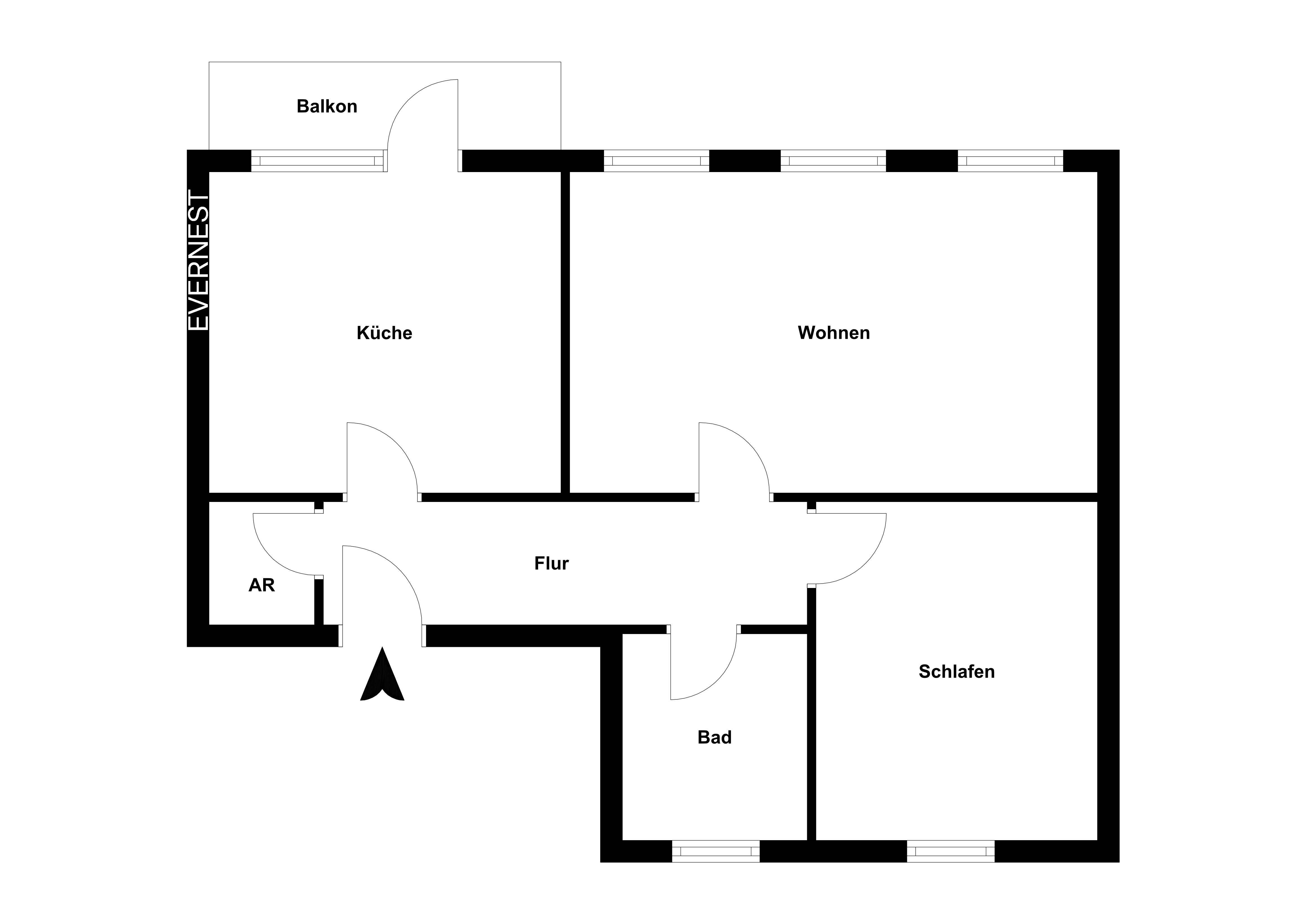 Grundriss einer Wohnung mit Küche, Wohnzimmer, Schlafzimmer, Bad, Flur, Abstellraum und Balkon.