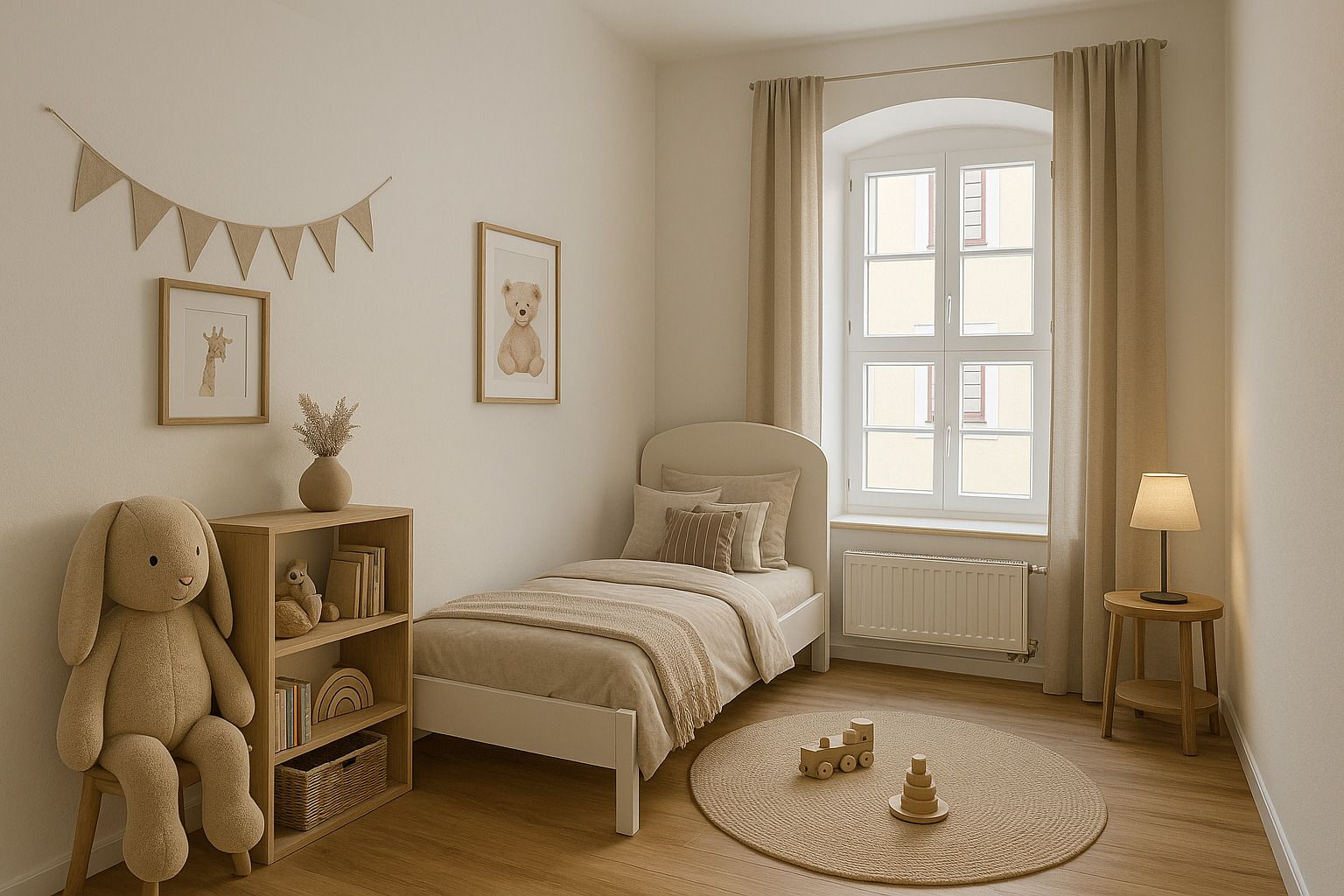 Helles Kinderzimmer mit Einzelbett, großem Stoffhasen, Regal, Teppich und Fenster mit Vorhängen.
