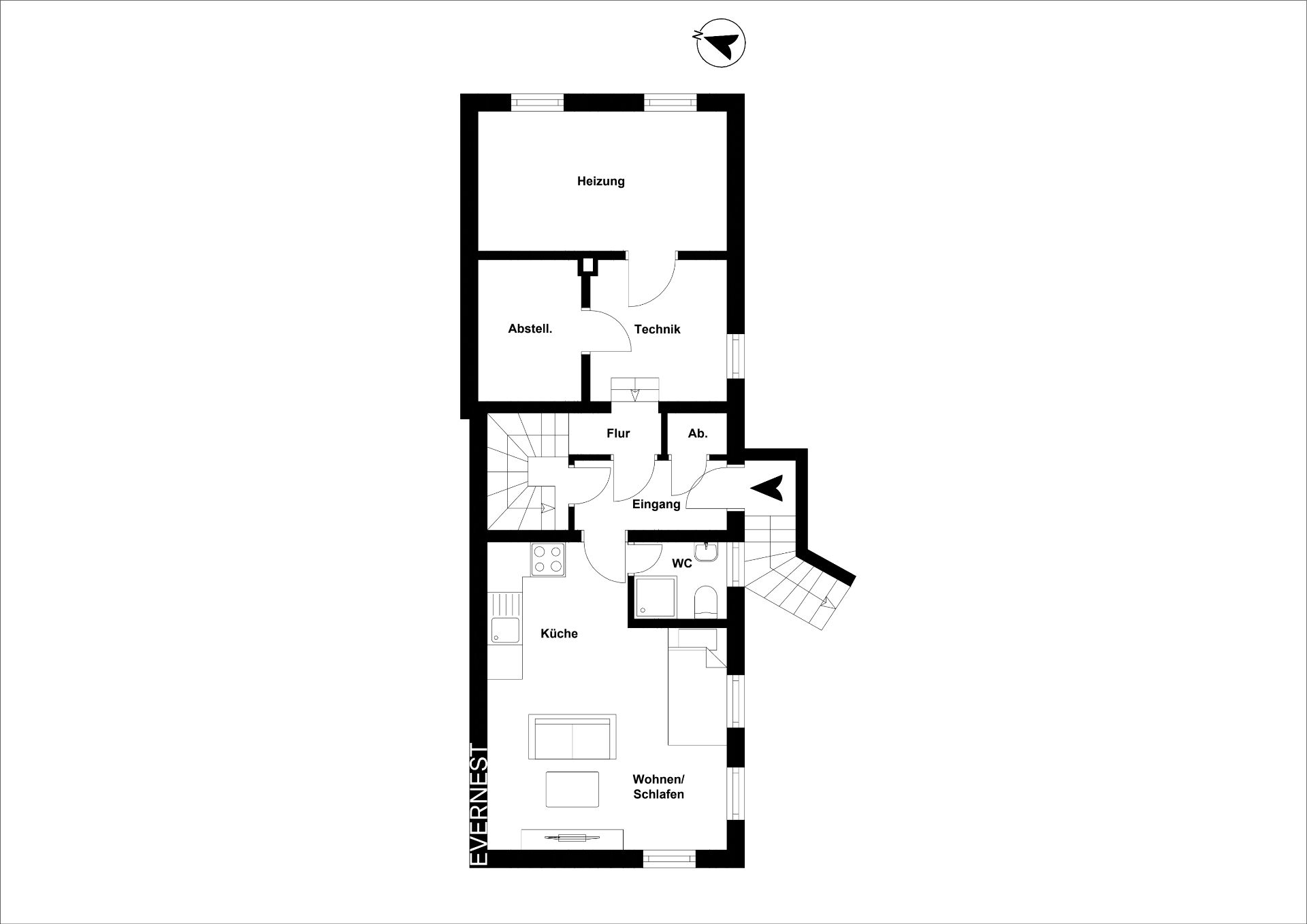 Grundriss mit Küche, Wohnbereich, WC, Abstellraum, Heizung, Technikraum und Eingang.