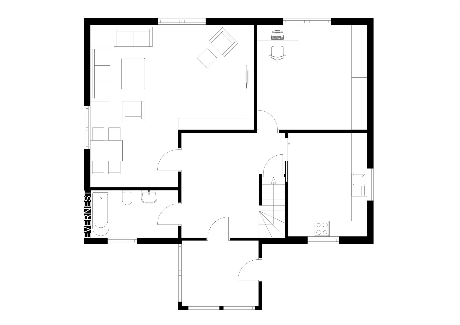 Grundriss einer Wohnung mit Wohnzimmer, Büro, Küche, Bad und Eingangsbereich.