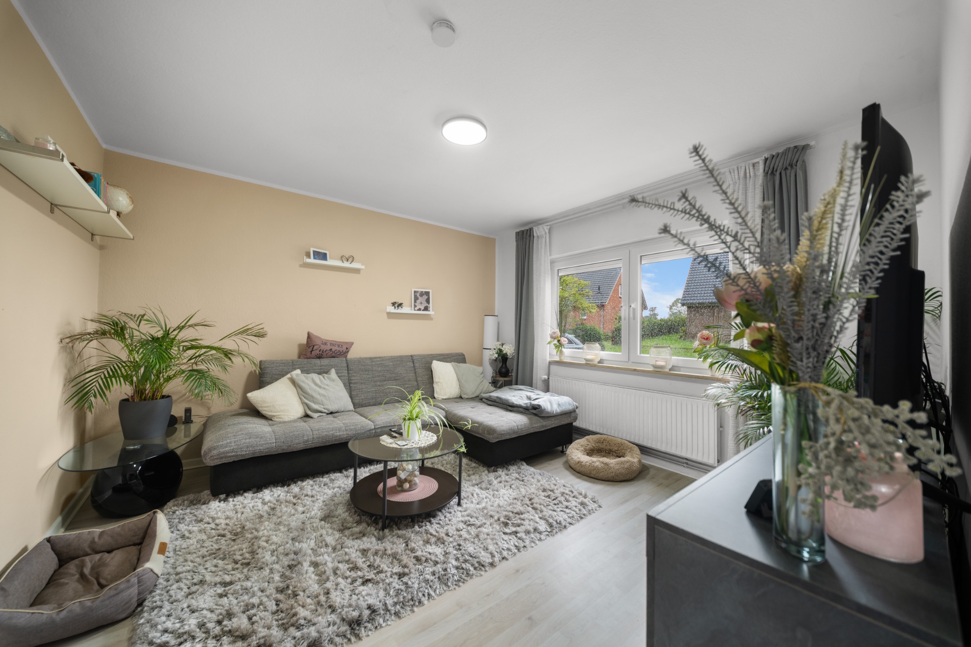 Helles Wohnzimmer mit grauem Sofa, Teppich, Pflanzen und großem Fenster mit Blick nach draußen.
