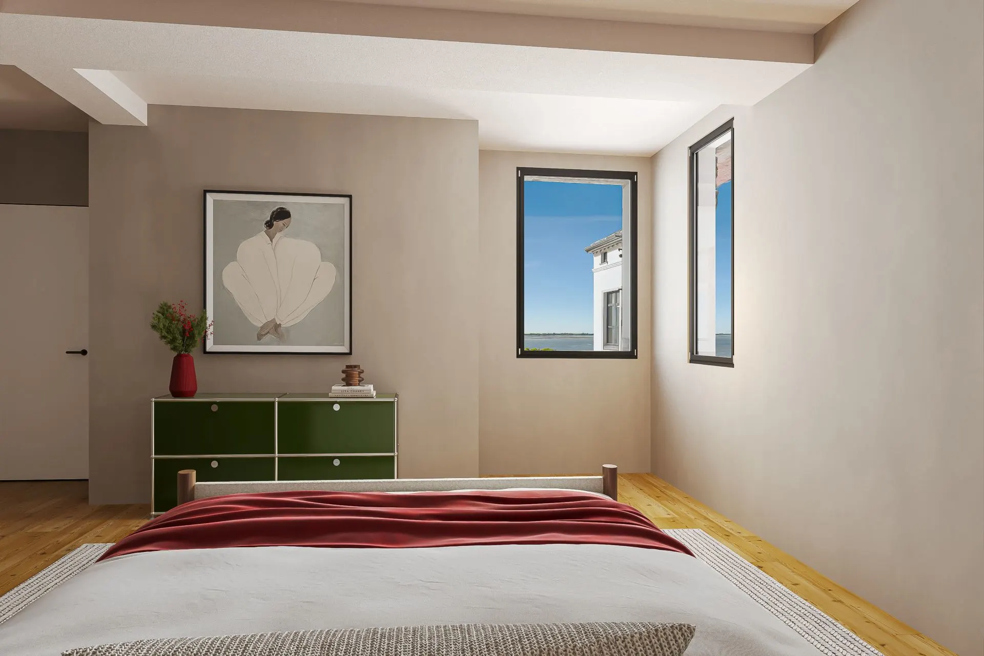 Schlafzimmer mit Bett, Kommode, Wandbild und zwei Fenstern.