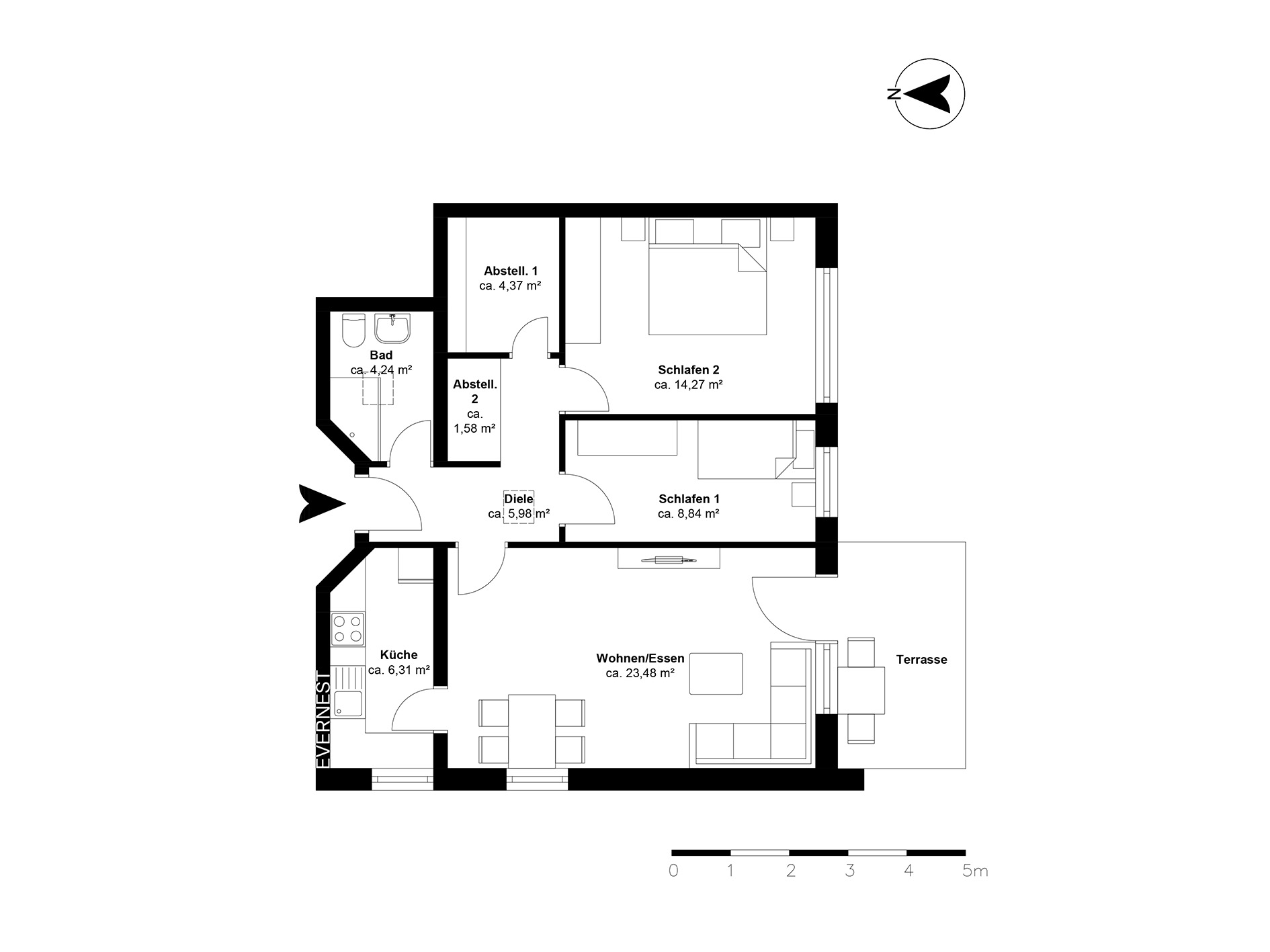 Grundriss einer Wohnung mit zwei Schlafzimmern, Wohnzimmer, Küche, Bad und Terrasse.