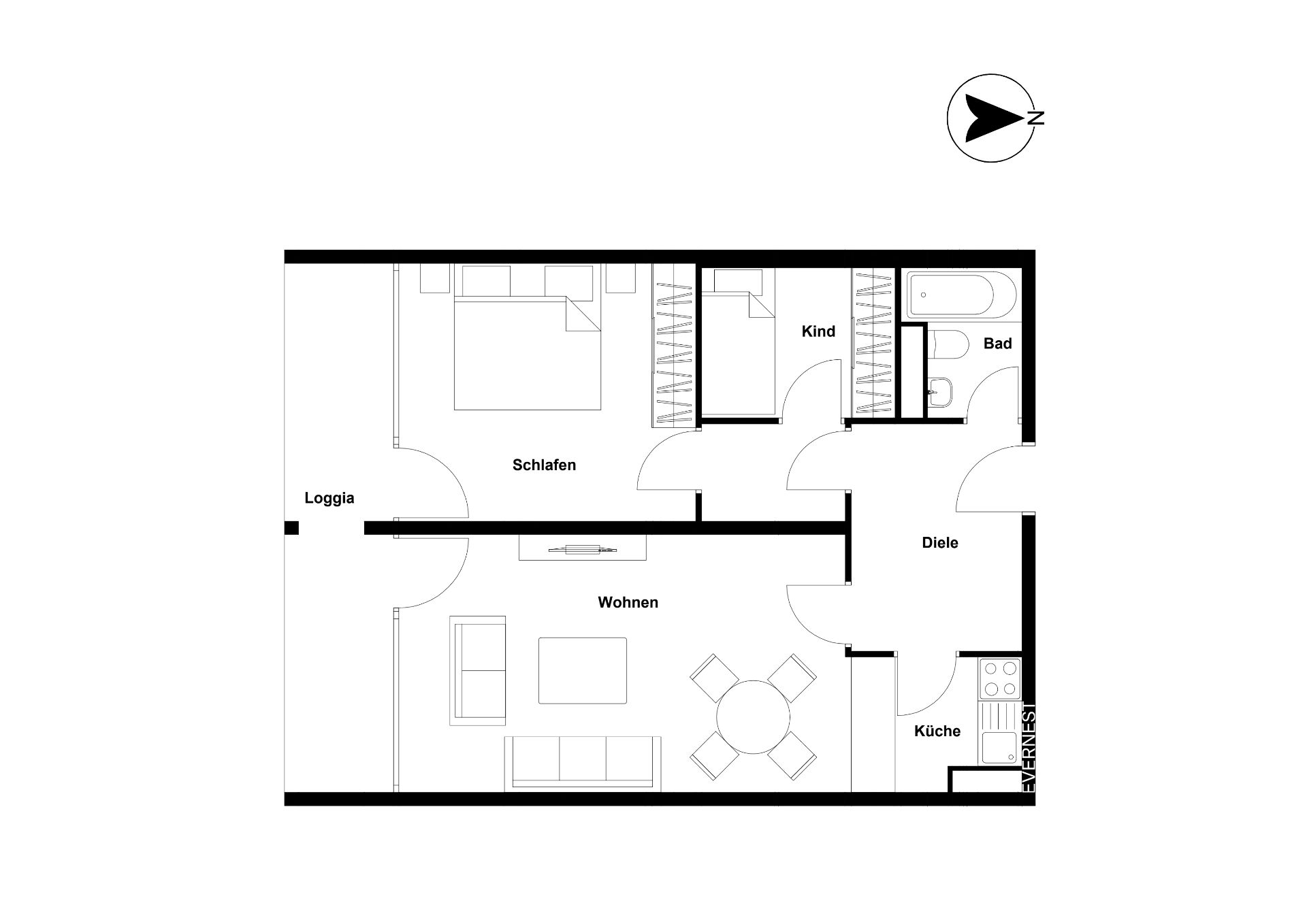 Grundriss einer Wohnung mit Schlafzimmer, Kinderzimmer, Bad, Wohnzimmer, Küche und Loggia.
