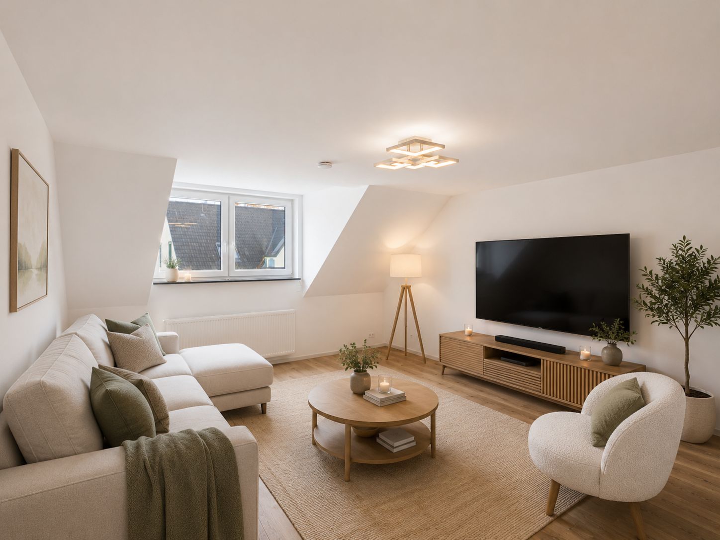 Modernes Wohnzimmer mit Sofa, Sessel, Fernseher, Couchtisch und großen Fenstern.