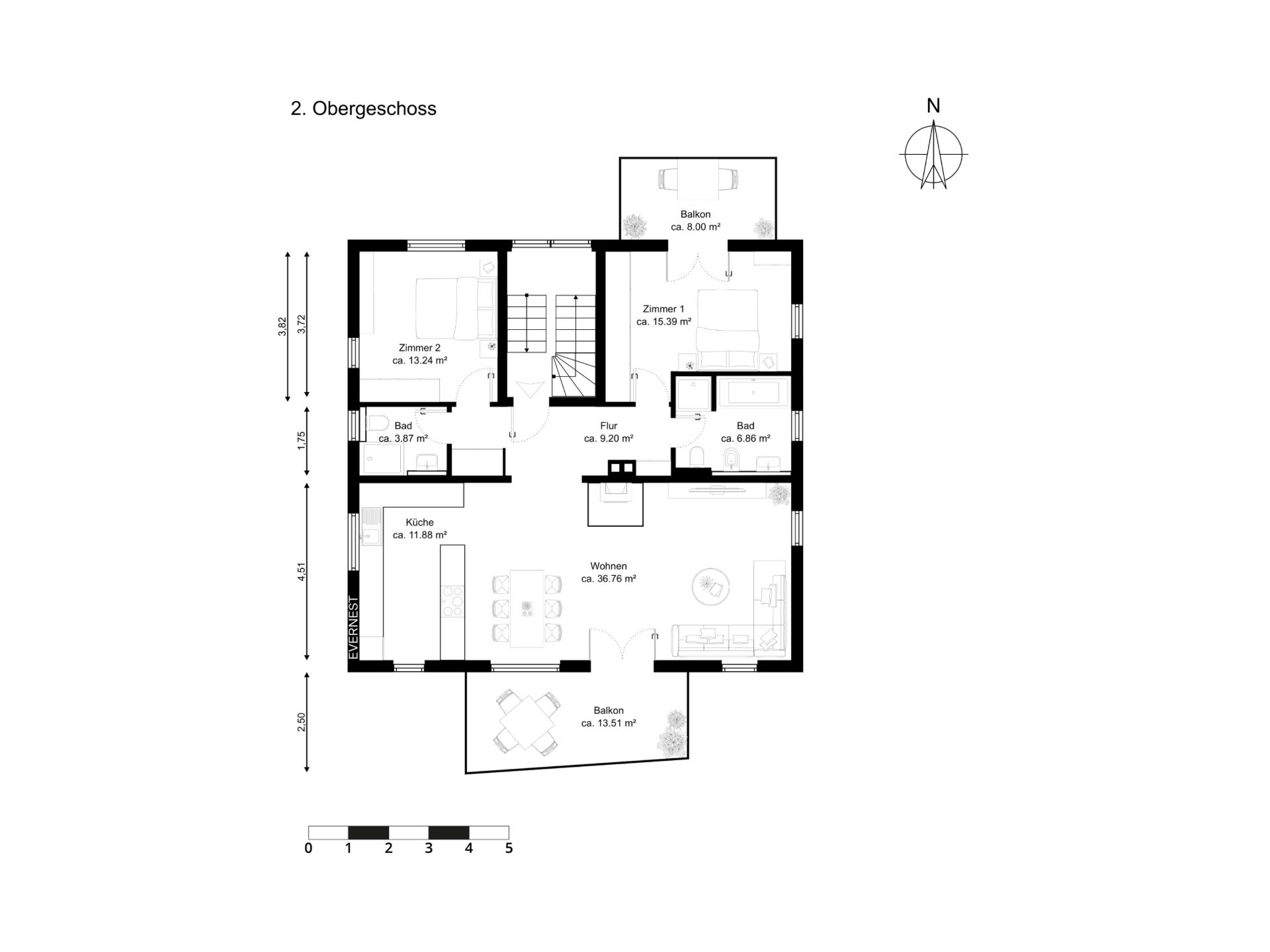 Grundriss eines Obergeschosses mit zwei Schlafzimmern, zwei Bädern, Küche, Wohnzimmer und zwei Balkonen.