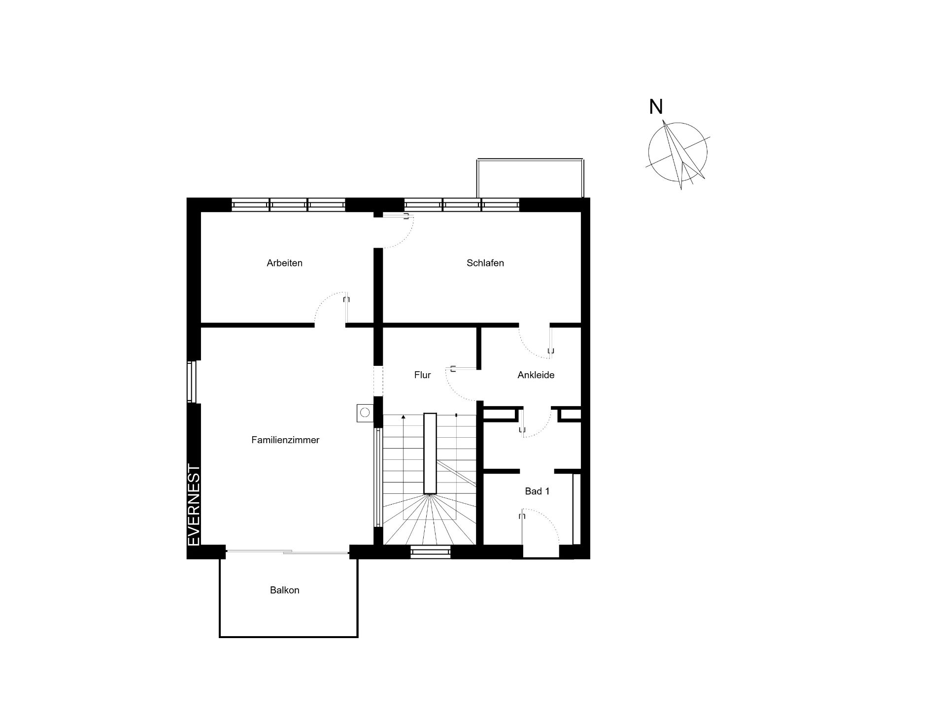 Grundriss mit Schlafzimmer, Arbeitszimmer, Familienzimmer, Ankleide, Bad, Flur und Balkon.