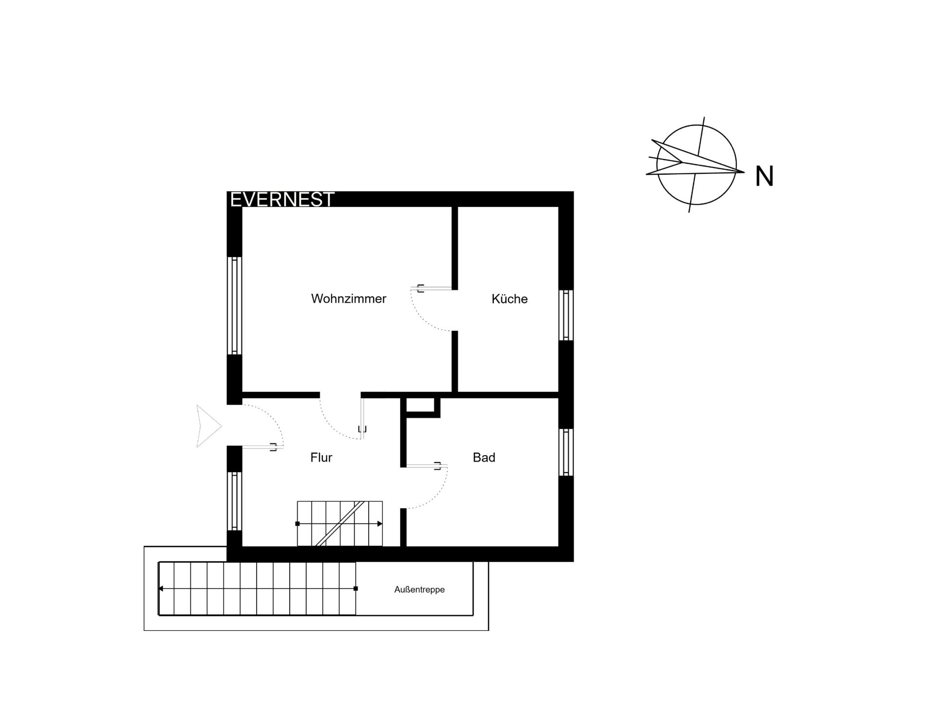 Grundriss einer Wohnung mit Wohnzimmer, Küche, Bad, Flur und Außentreppe.