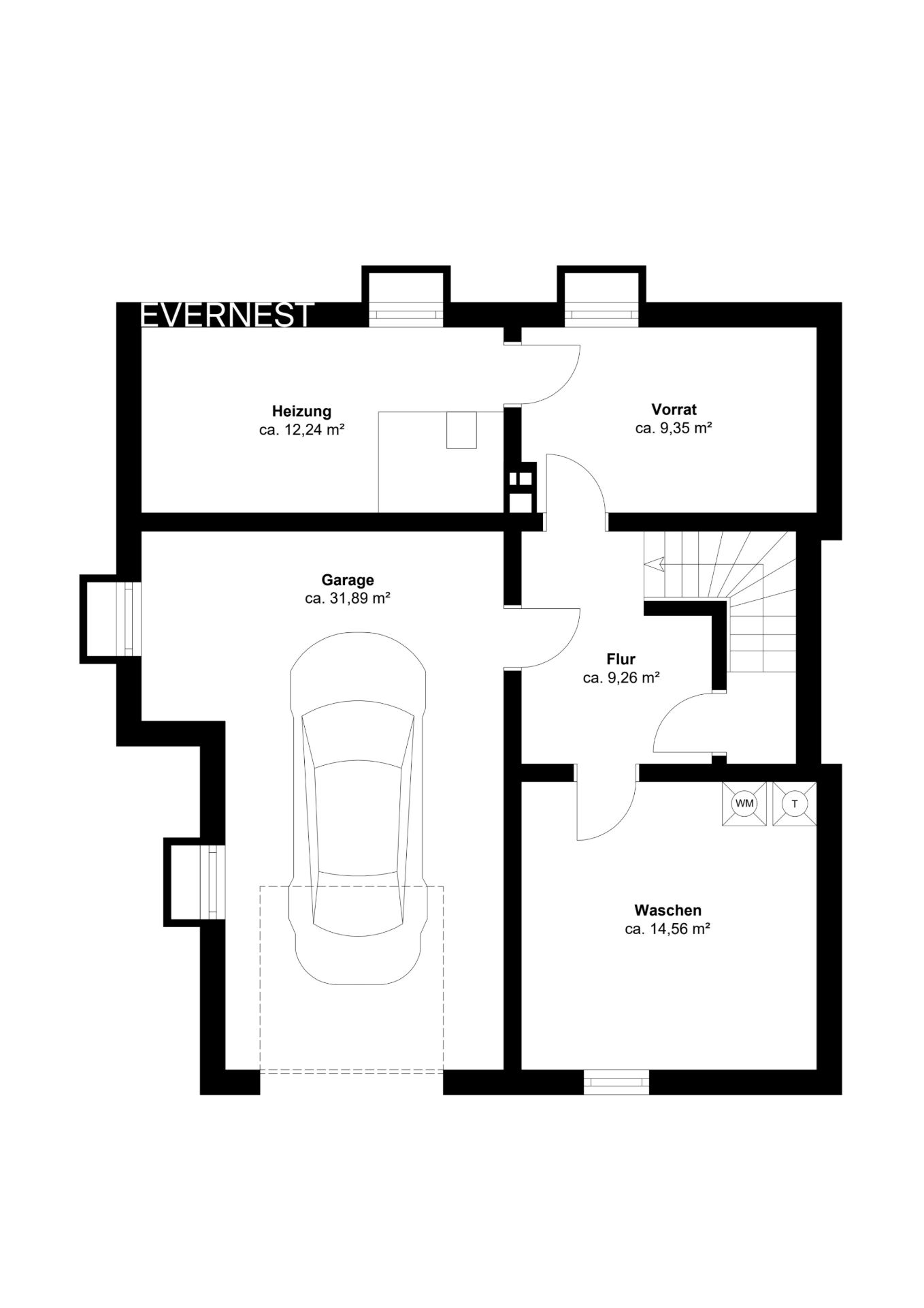 Grundriss mit Garage, Heizungsraum, Vorrat, Flur und Waschraum.