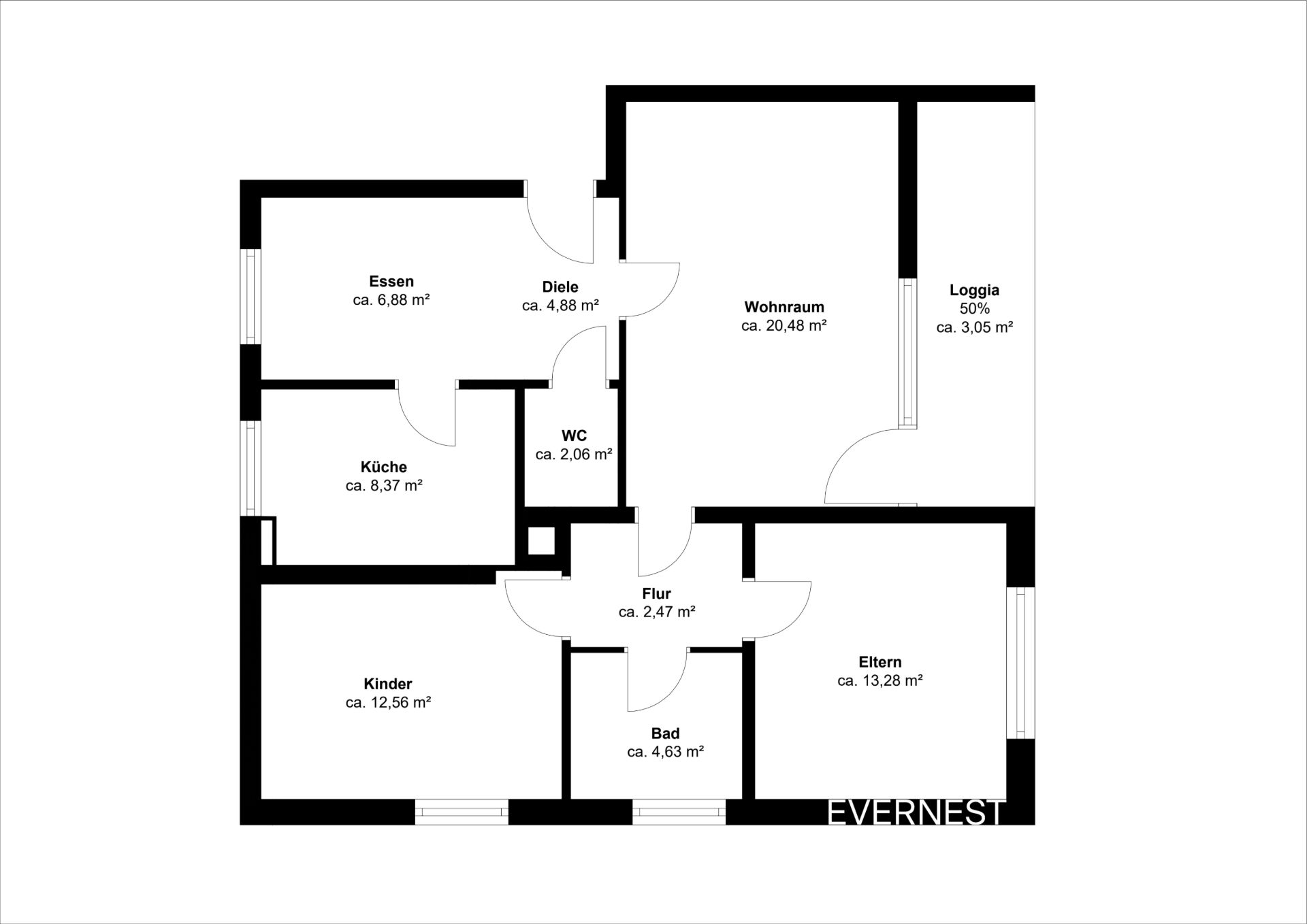 Grundriss einer Wohnung mit markierten Räumen wie Küche, Bad, Wohnzimmer, Kinder- und Elternzimmer.