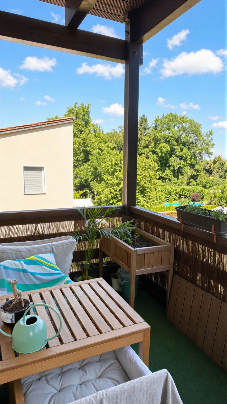 Balkon mit Holztisch, Sesseln, Pflanzen und Ausblick auf Bäume und Himmel.