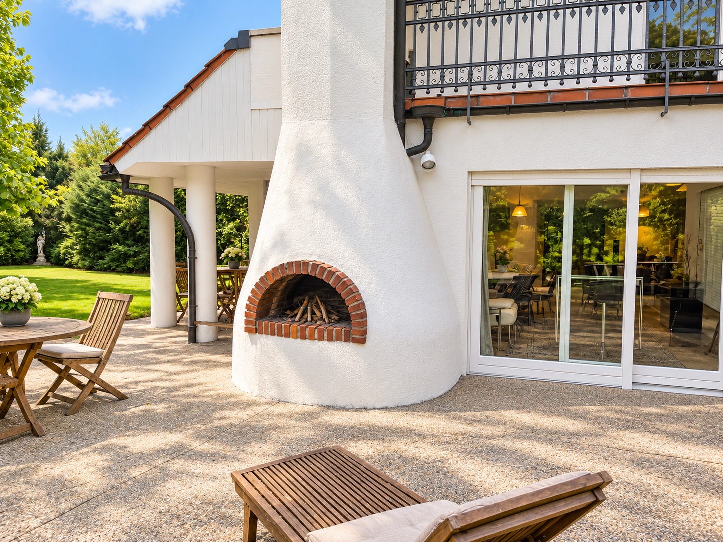 Terrasse mit gemauertem Außenkamin, Holzmöbeln und Gartenblick bei Tageslicht.