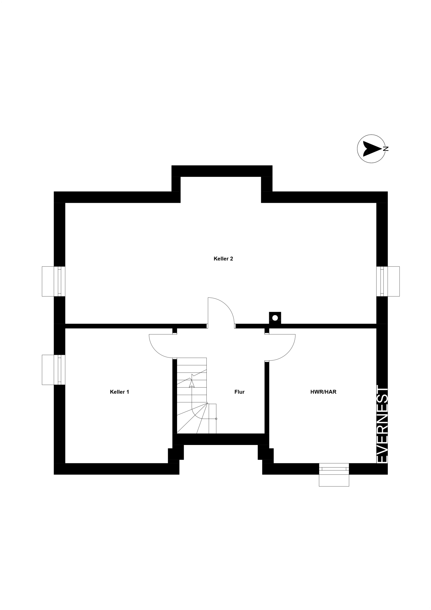 Grundriss eines Kellers mit zwei Kellerräumen, Flur und HWR/HAR.