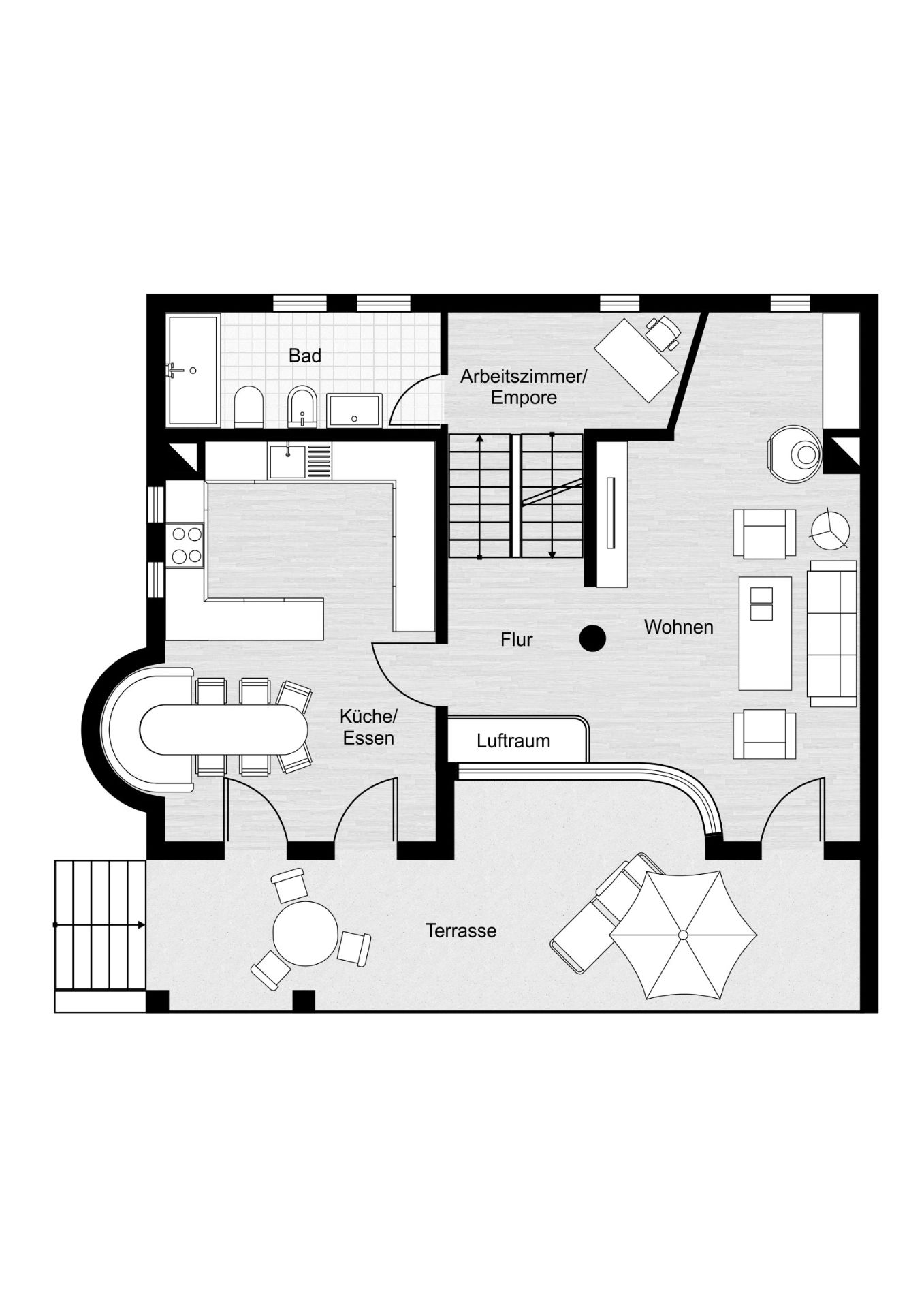 Grundriss einer Wohnung mit Bad, Küche, Wohnzimmer, Arbeitszimmer und Terrasse.