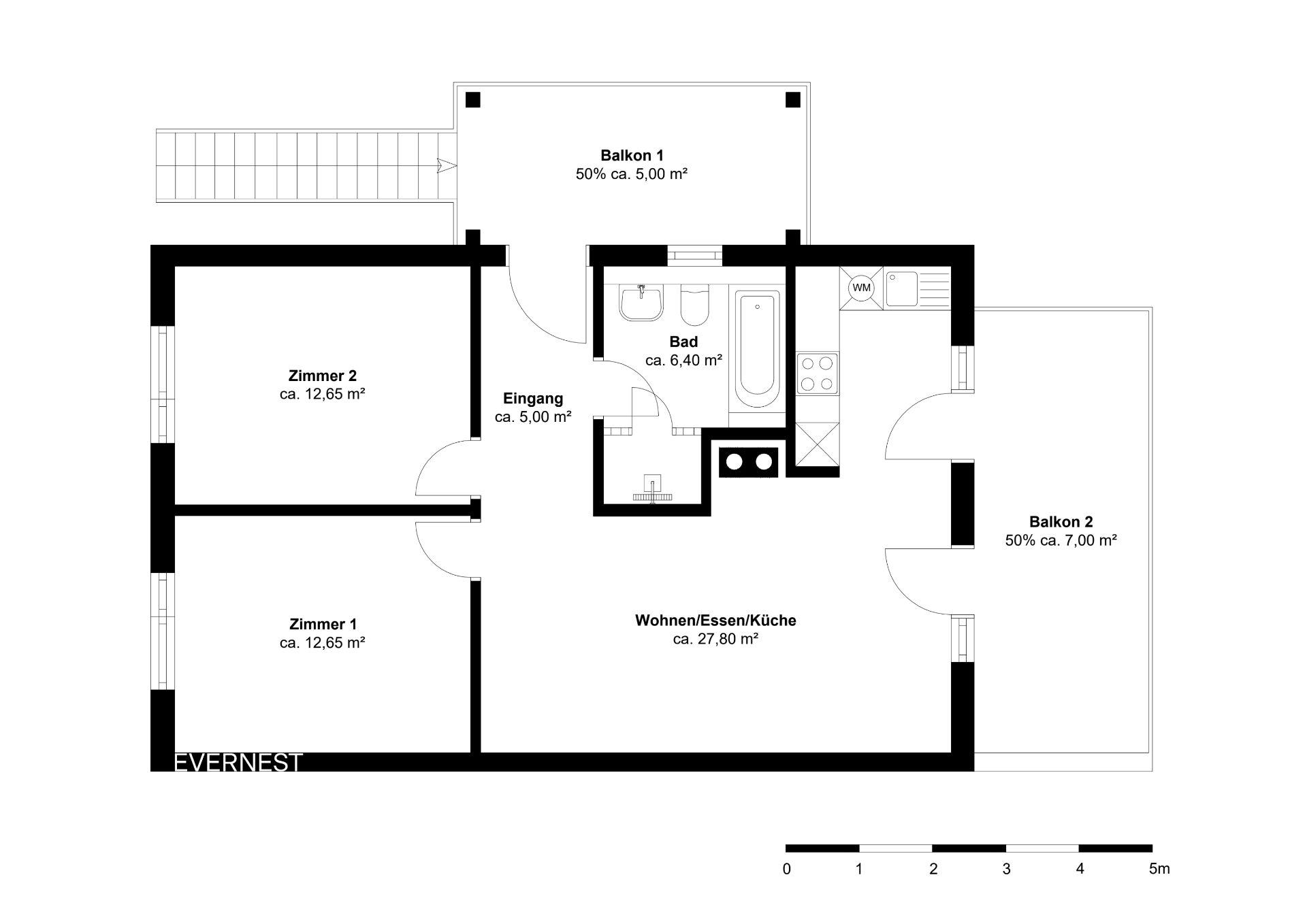 Grundriss einer Wohnung mit zwei Zimmern, Bad, Wohnbereich, zwei Balkonen und Eingang.