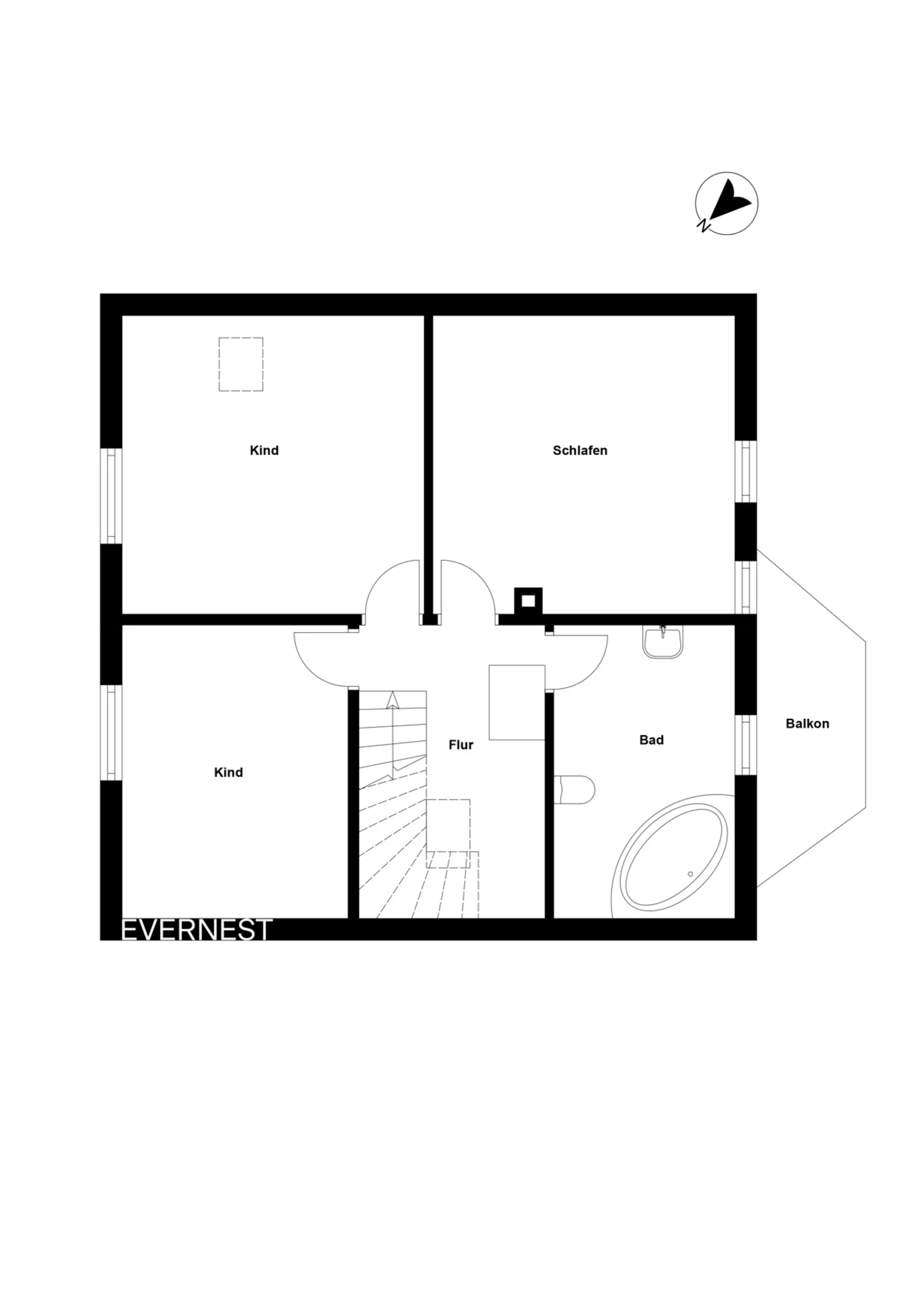 Grundriss mit zwei Kinderzimmern, Schlafzimmer, Bad, Flur und Balkon.