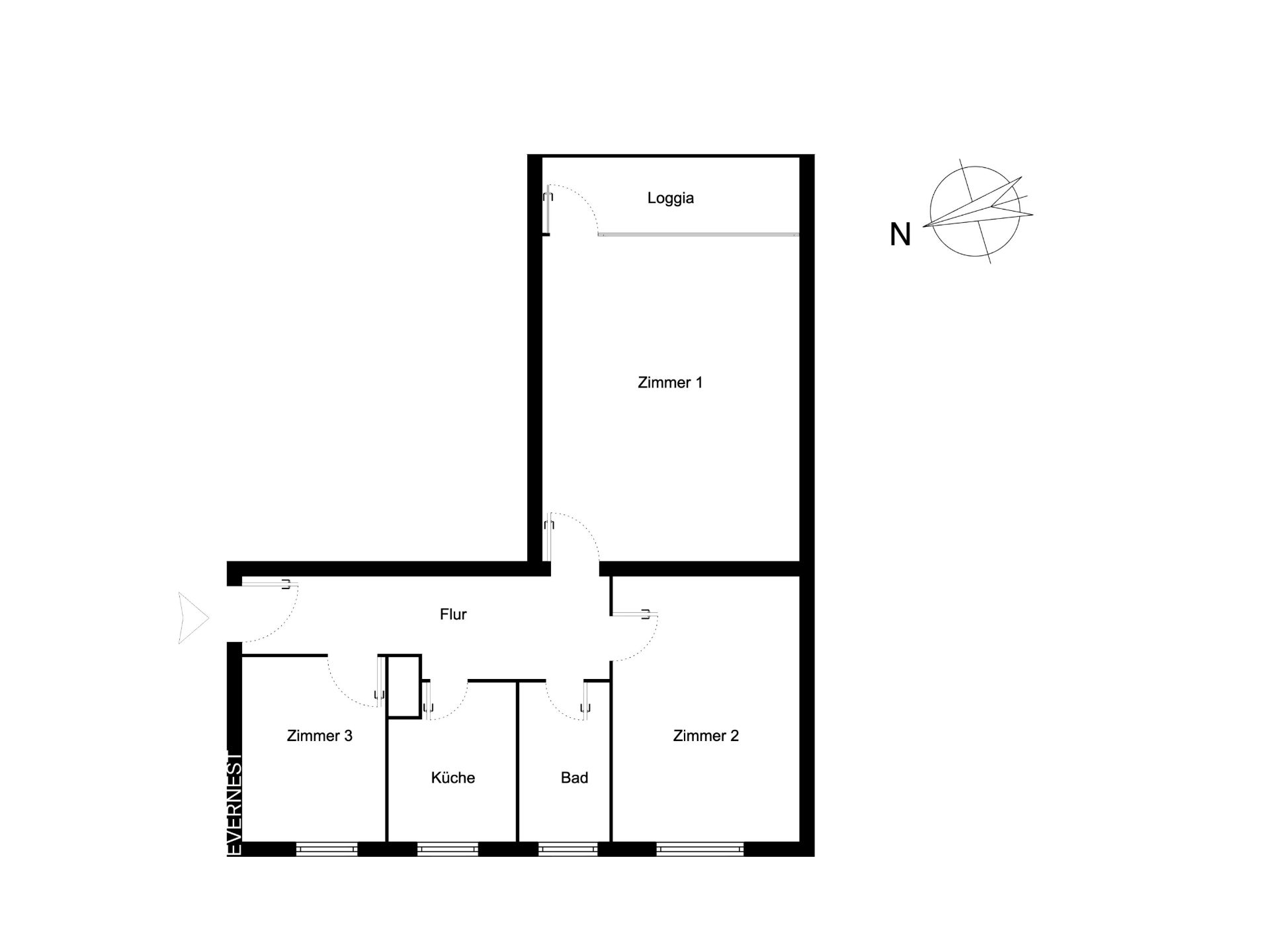 Grundriss mit drei Zimmern, Küche, Bad, Flur und Loggia, Norden ist markiert.